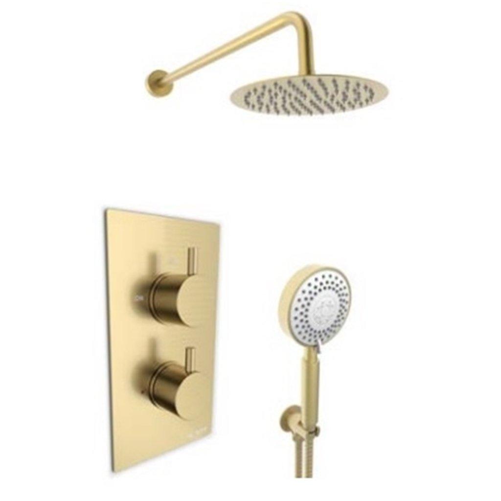 Brushed Brass Shower with Separate Hand Shower and Fixed Drencher