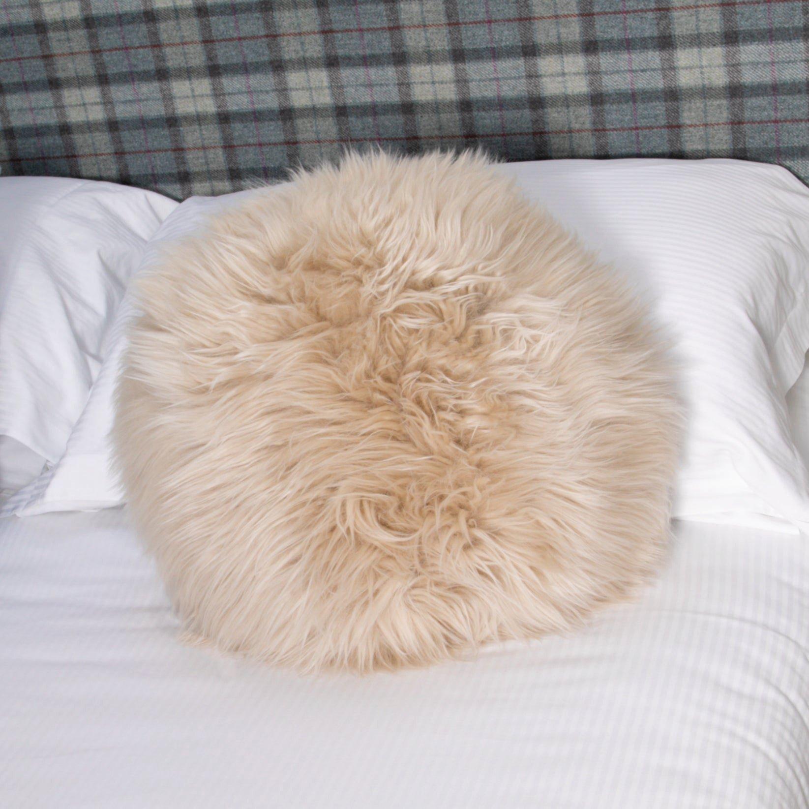 Beige Round Sheepskin Cushion