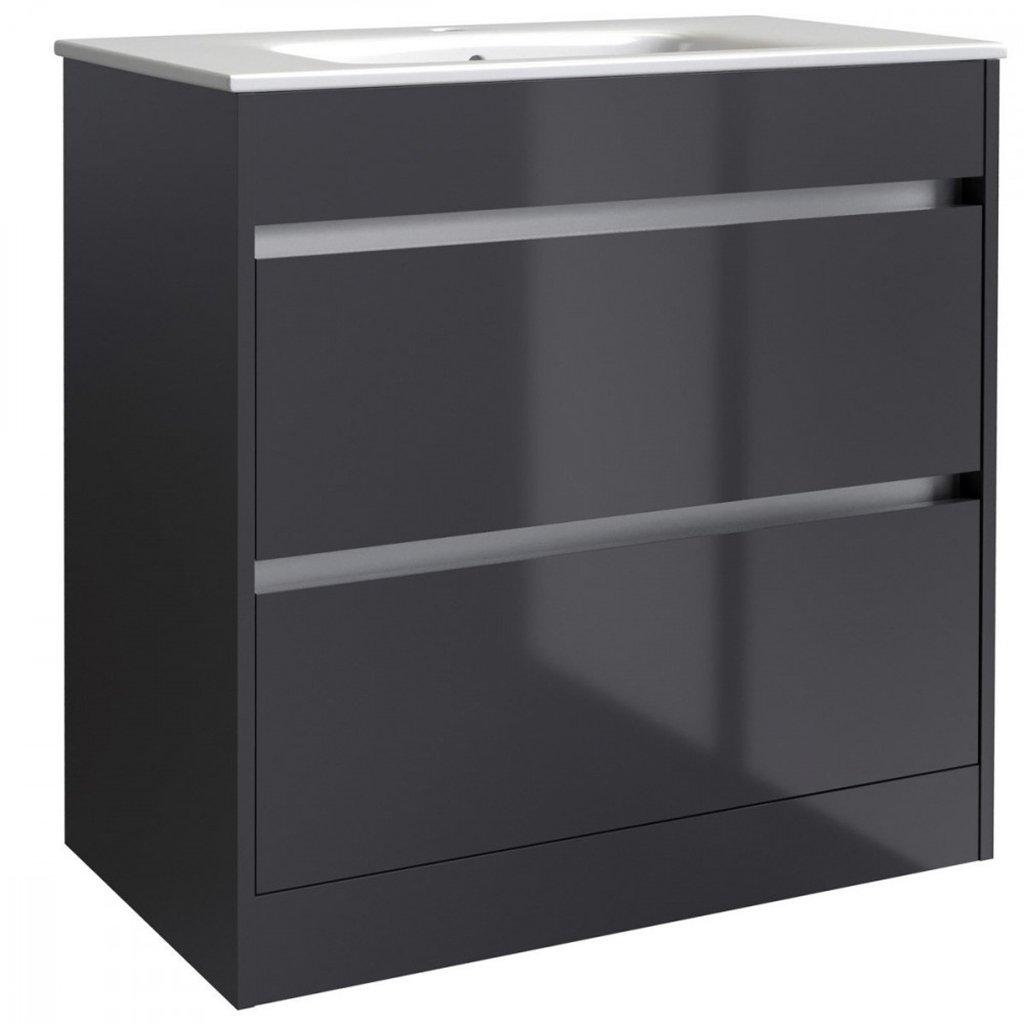Grey Gloss Bathroom 2-Drawer Standing Unit with Basin 80cm Wide