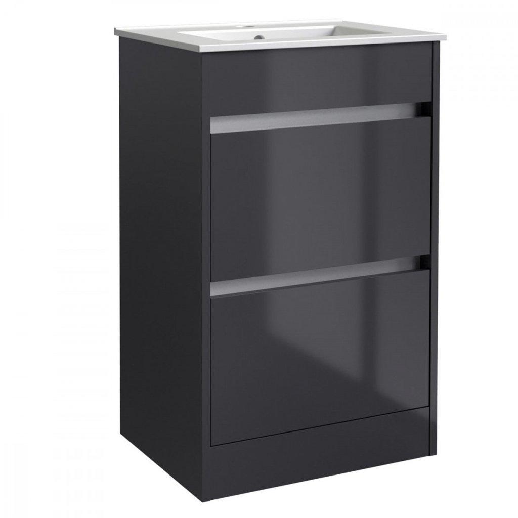 Grey Gloss Bathroom 2-Drawer Standing Unit with Basin 500mm Wide