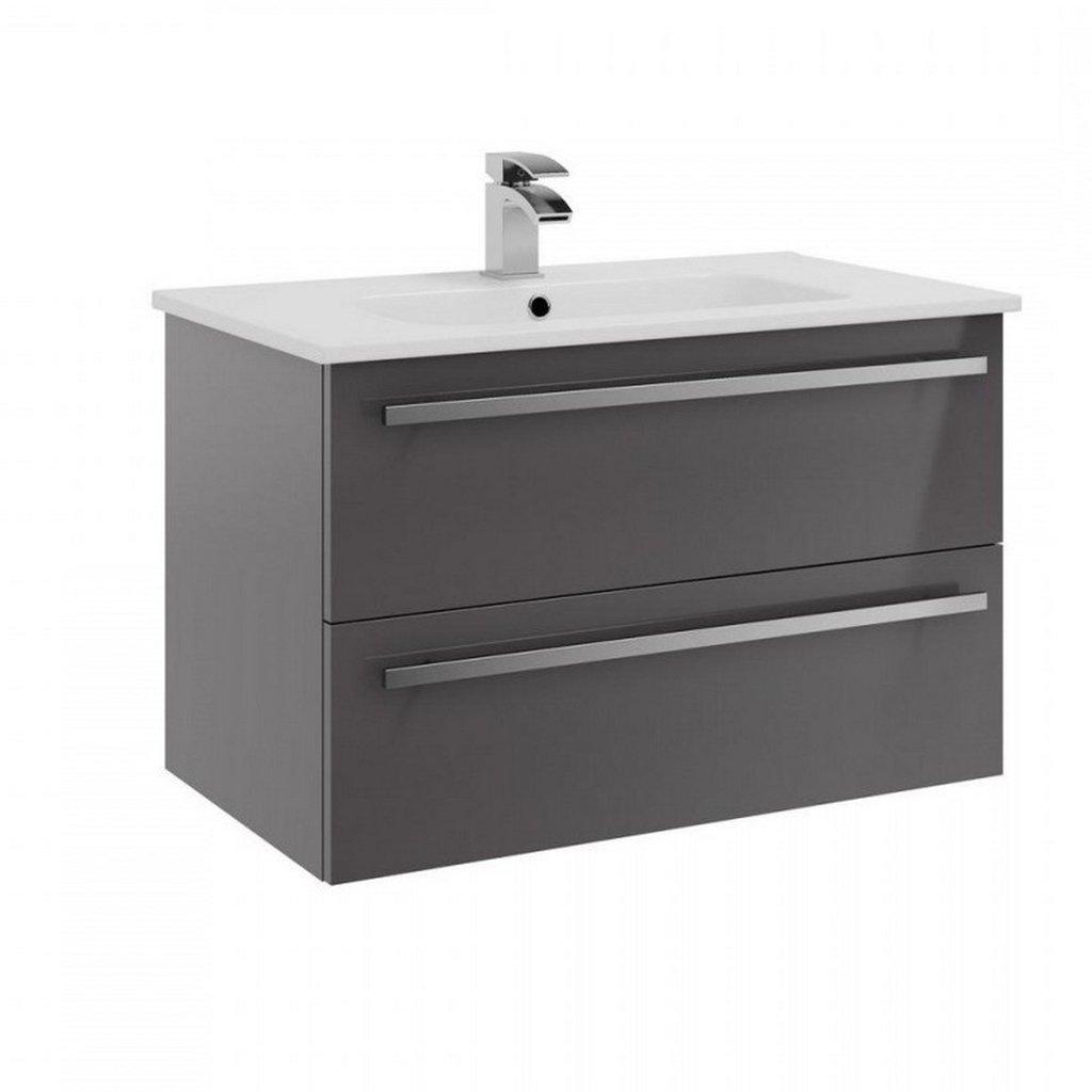 Grey Gloss Unit 2 Drawer Hung Unit with Ceramic Basin 80cm Wide