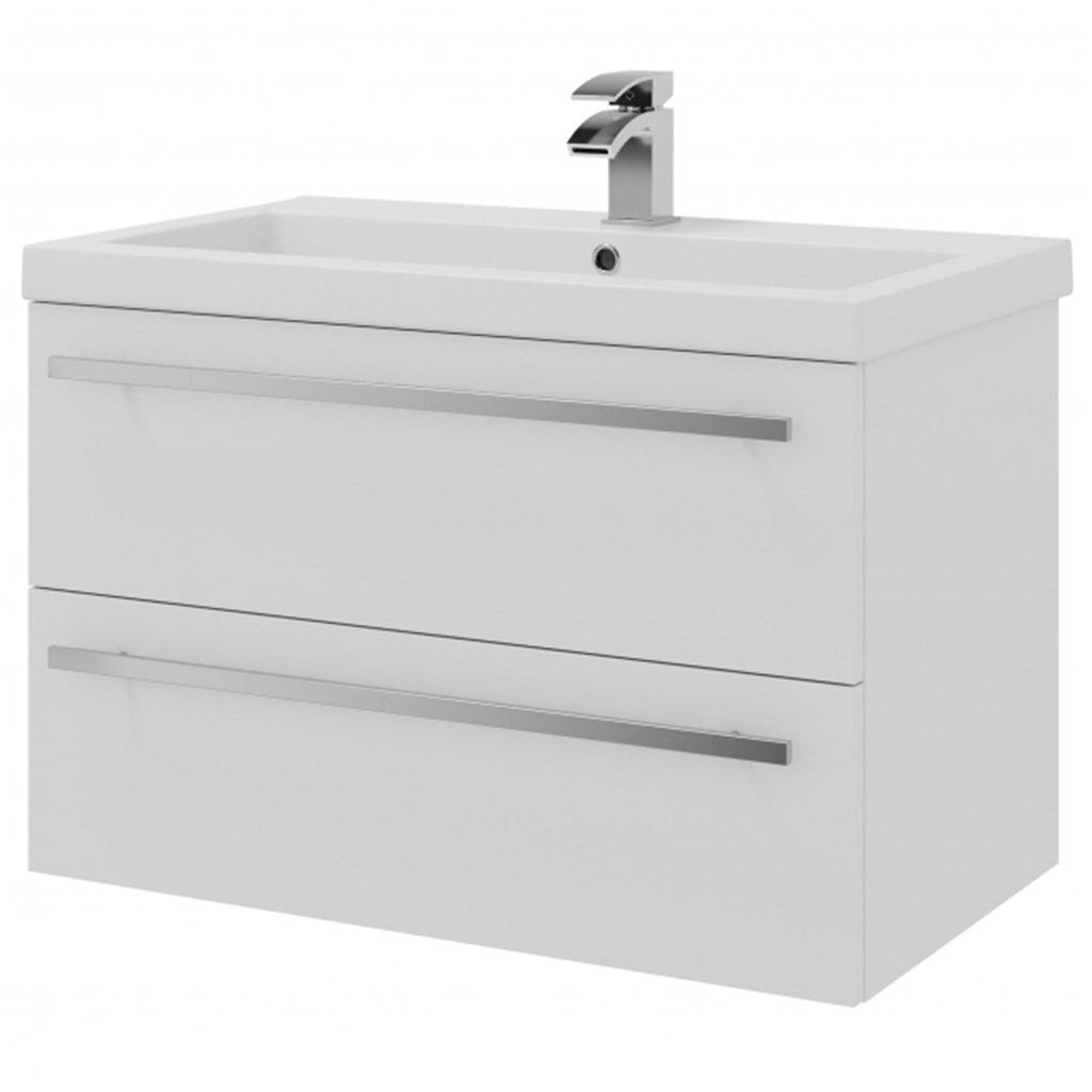White Bathroom 2 Drawer Wall Hung Unit with Ceramic Basin 80cm Wide