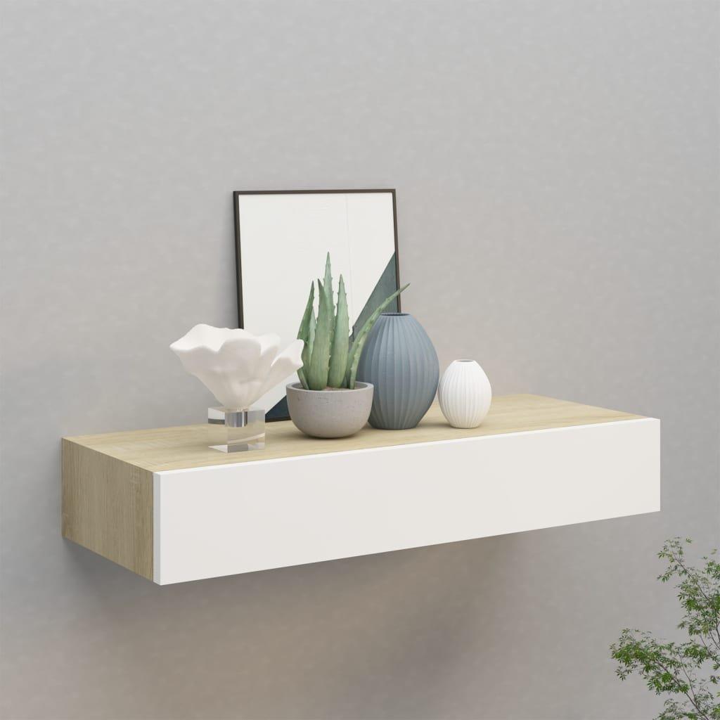 Wall-mounted Drawer Shelf Oak and White 60x23.5x10cm MDF