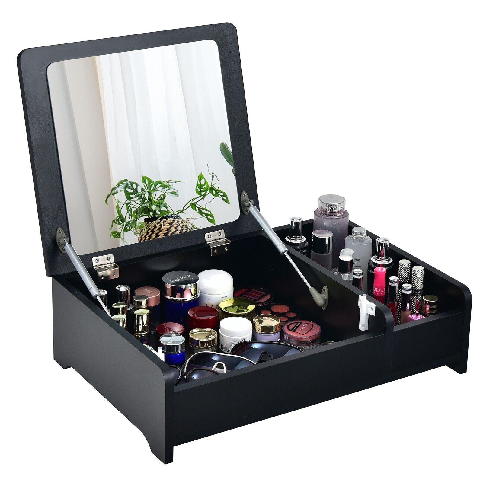 Desktop Makeup Organizer Simple Cosmetic Storage Box w/ Flip-Top Mirror