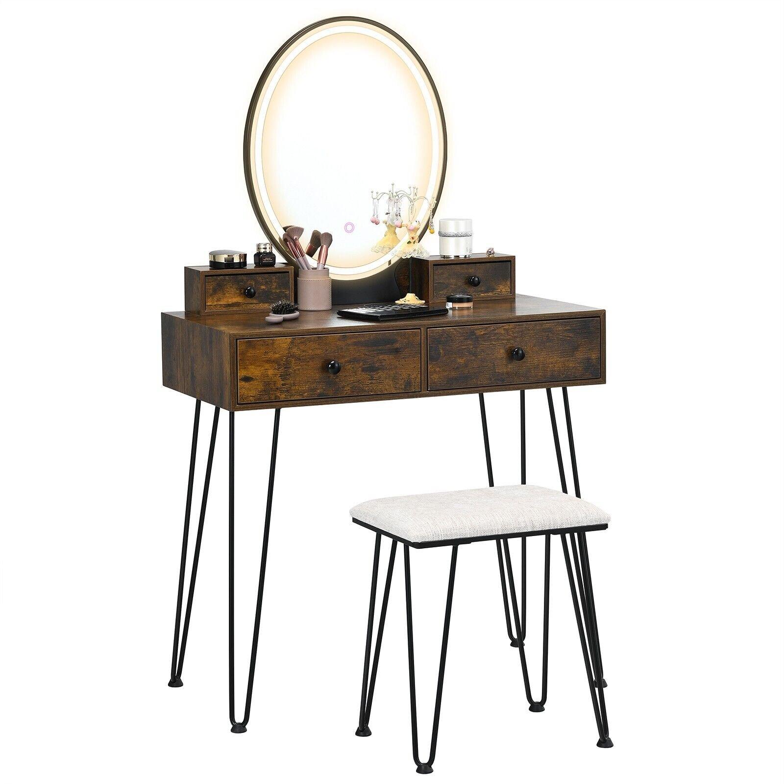 Vanity Dressing Table Set Cushioned Stool with 3-Color Lighted Dimmable Mirror