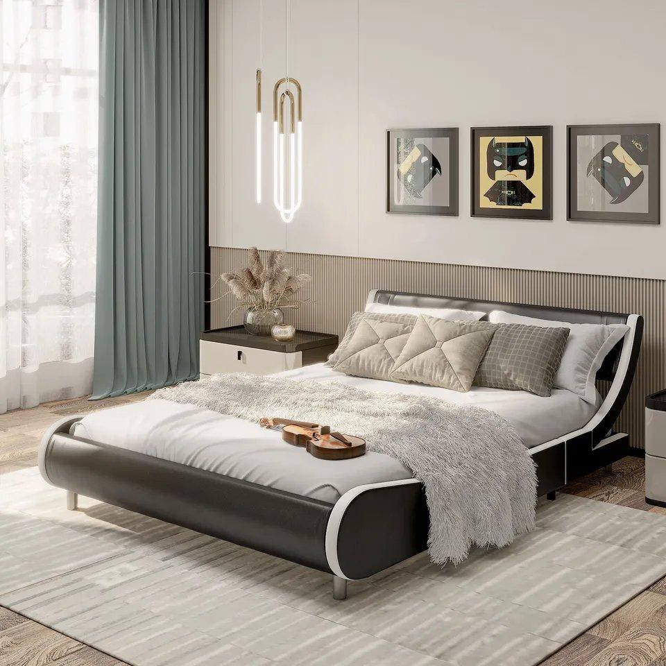 King Size PU Upholstered Bed Frame King Platform Bed w/ High Headboard