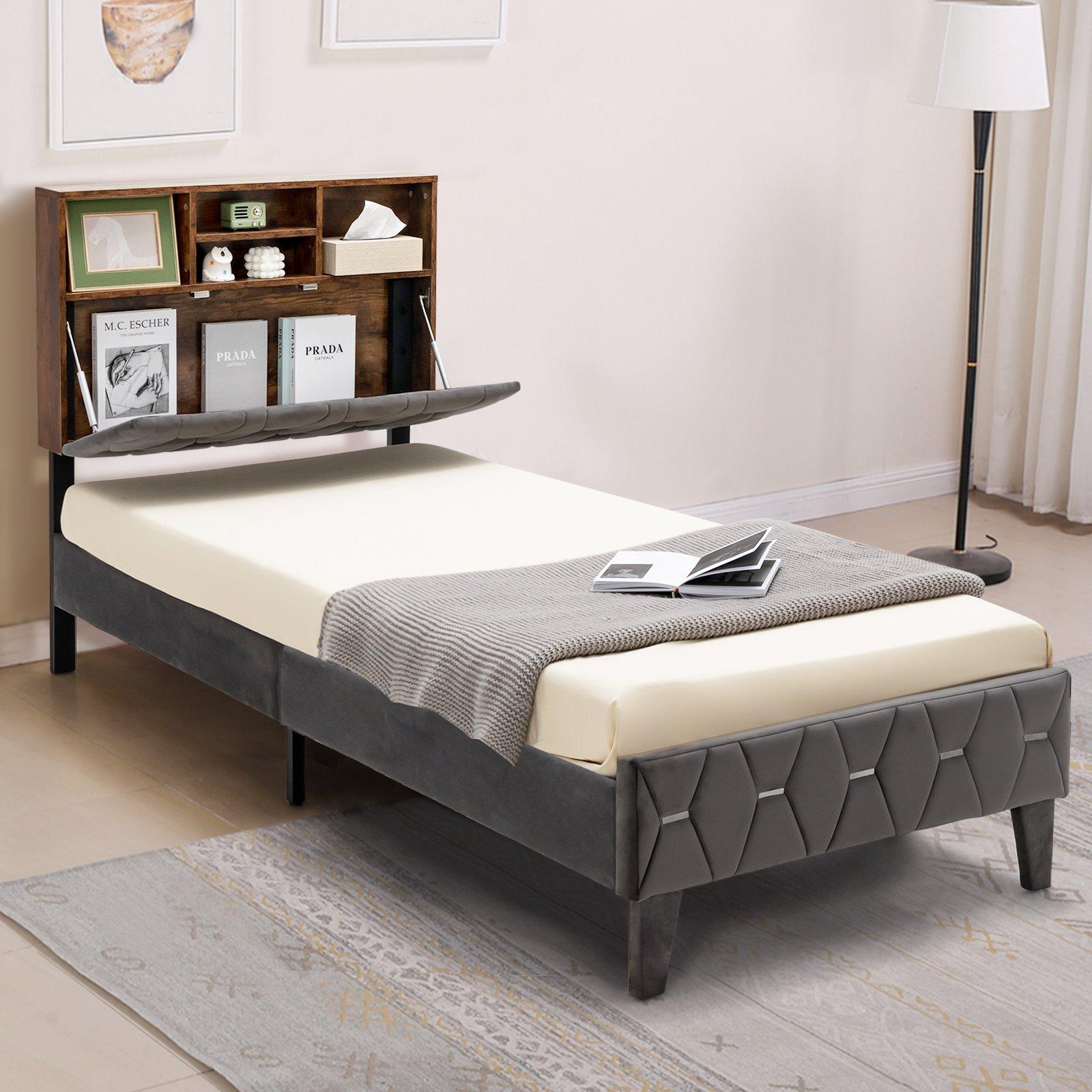 Single Size Bed Frame Upholstered Platform Bed Slat Support W/ Storage Headboard