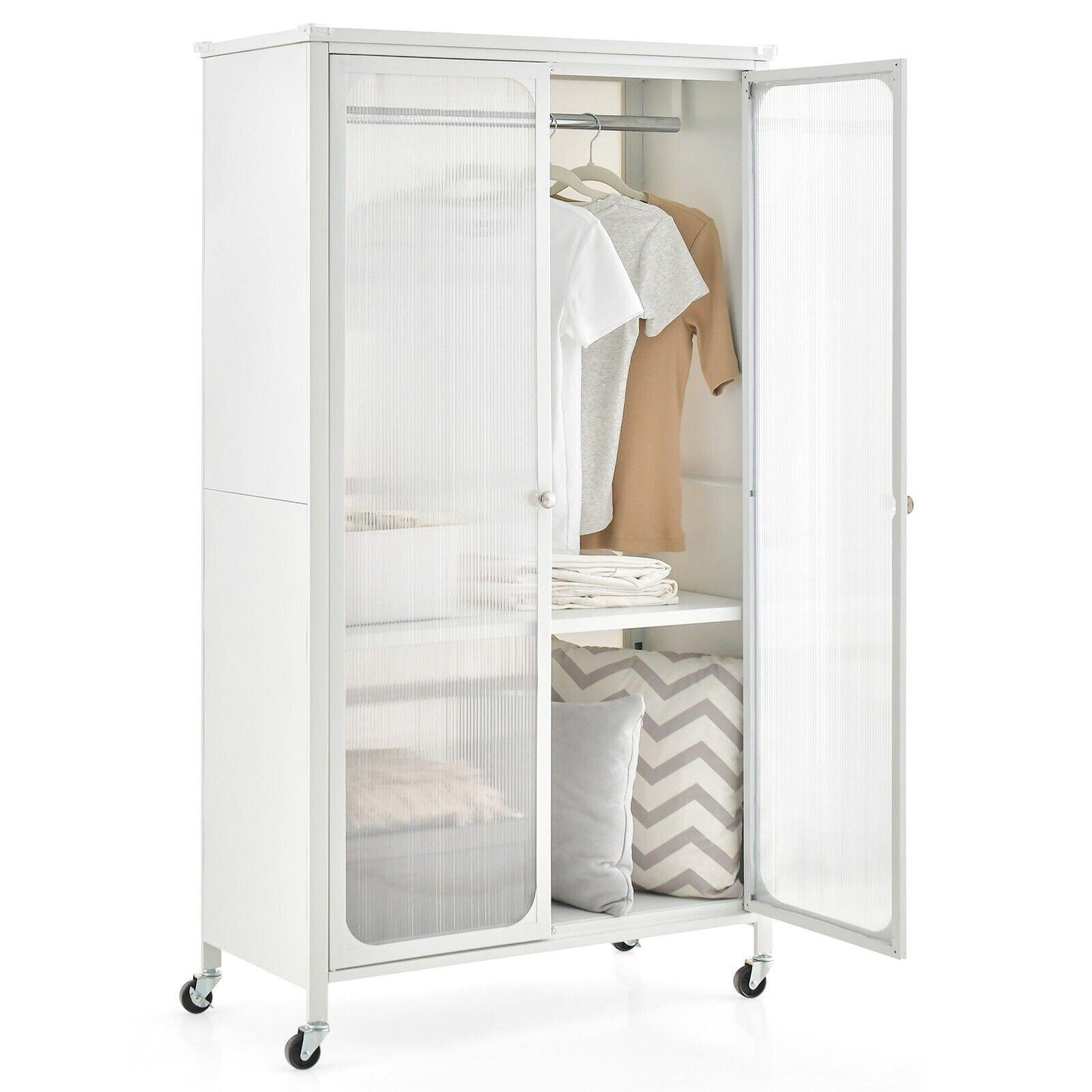 Rolling Storage Wardrobe Cabinet Mobile Wardrobe Armoire Closet w/ Hanging Rod