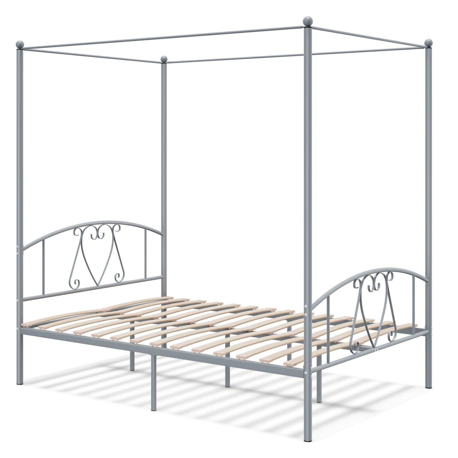 Double Size Metal Canopy Bed Frame 4-Poster Modern Platform Wooden Slat Support