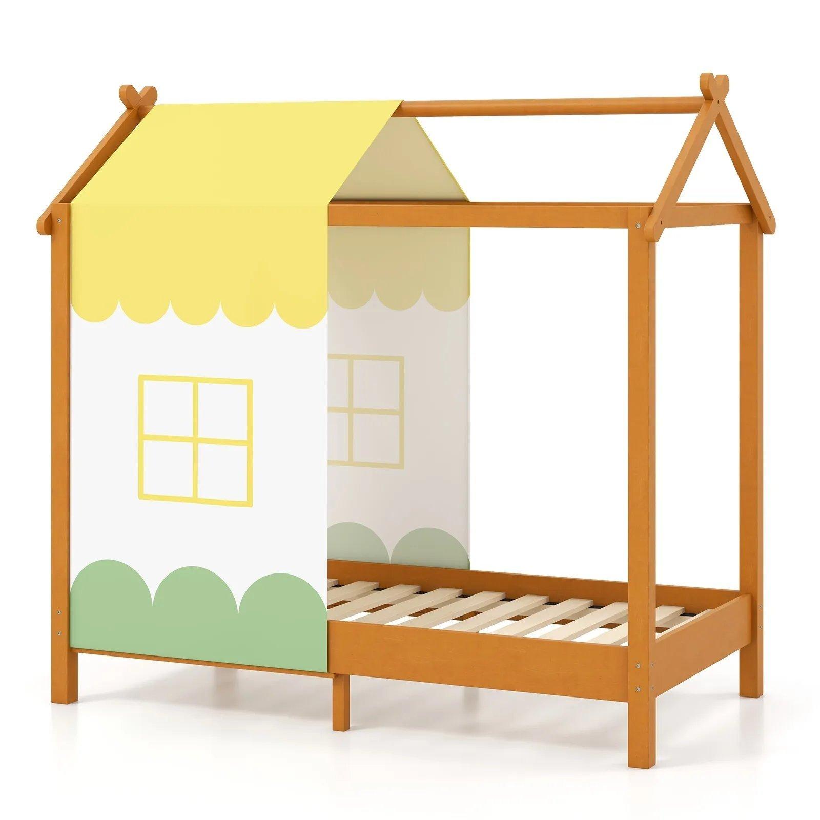 Kids House Bed with Roof Children's Montessori Bed Frame w/ Removable Bed Canopy