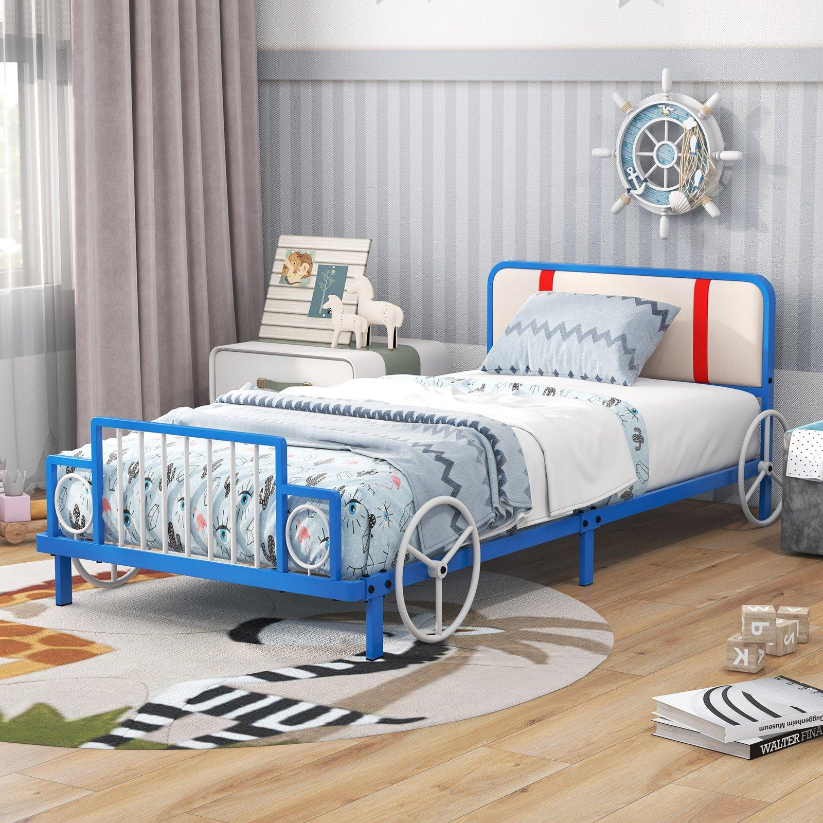 Single Size Kids Bed Frame Car Shaped Platform Metal Bed Base w/ Upholstered Headboard