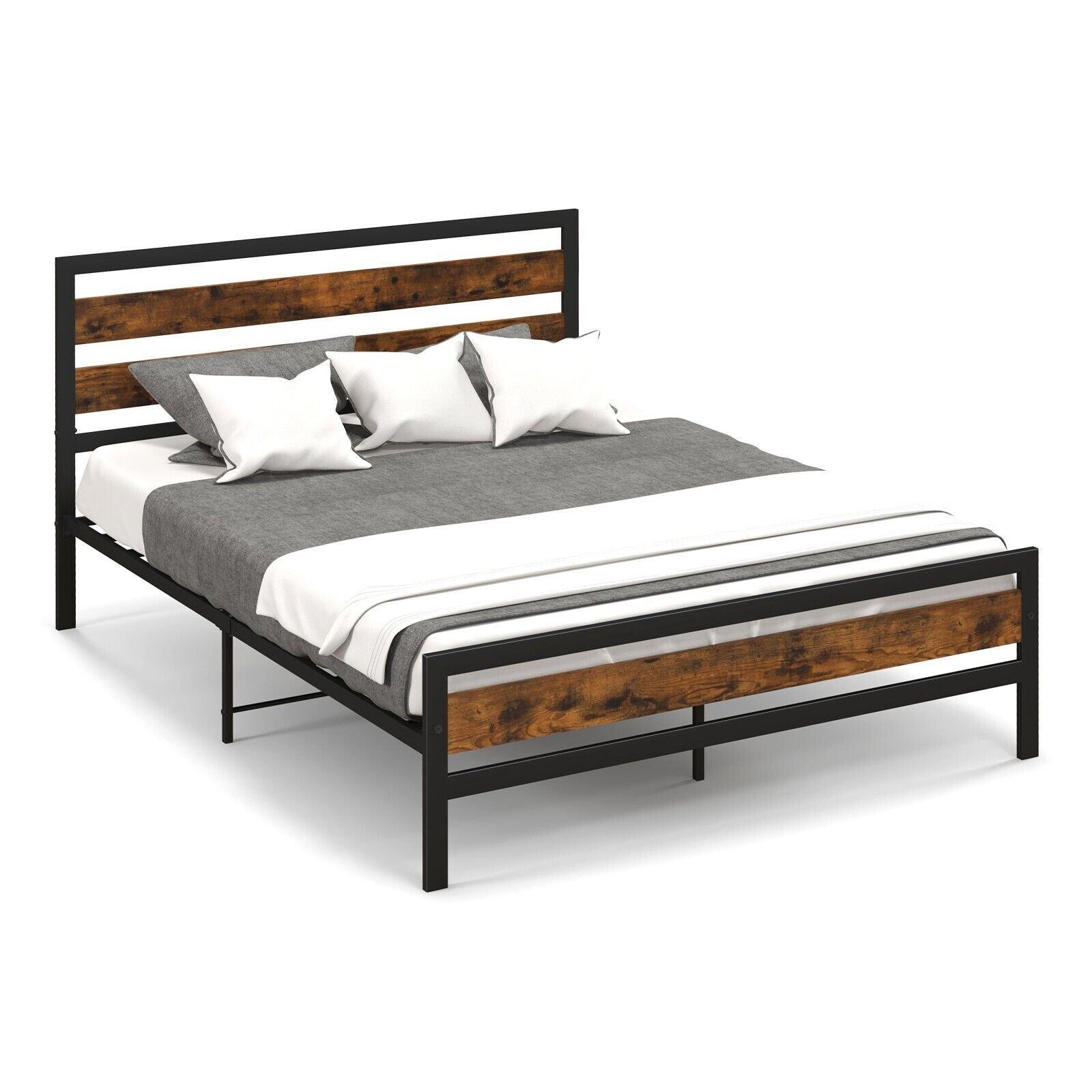 Metal Bed Frame King Size  Industrial Platform Bed with Headboard and Footboard