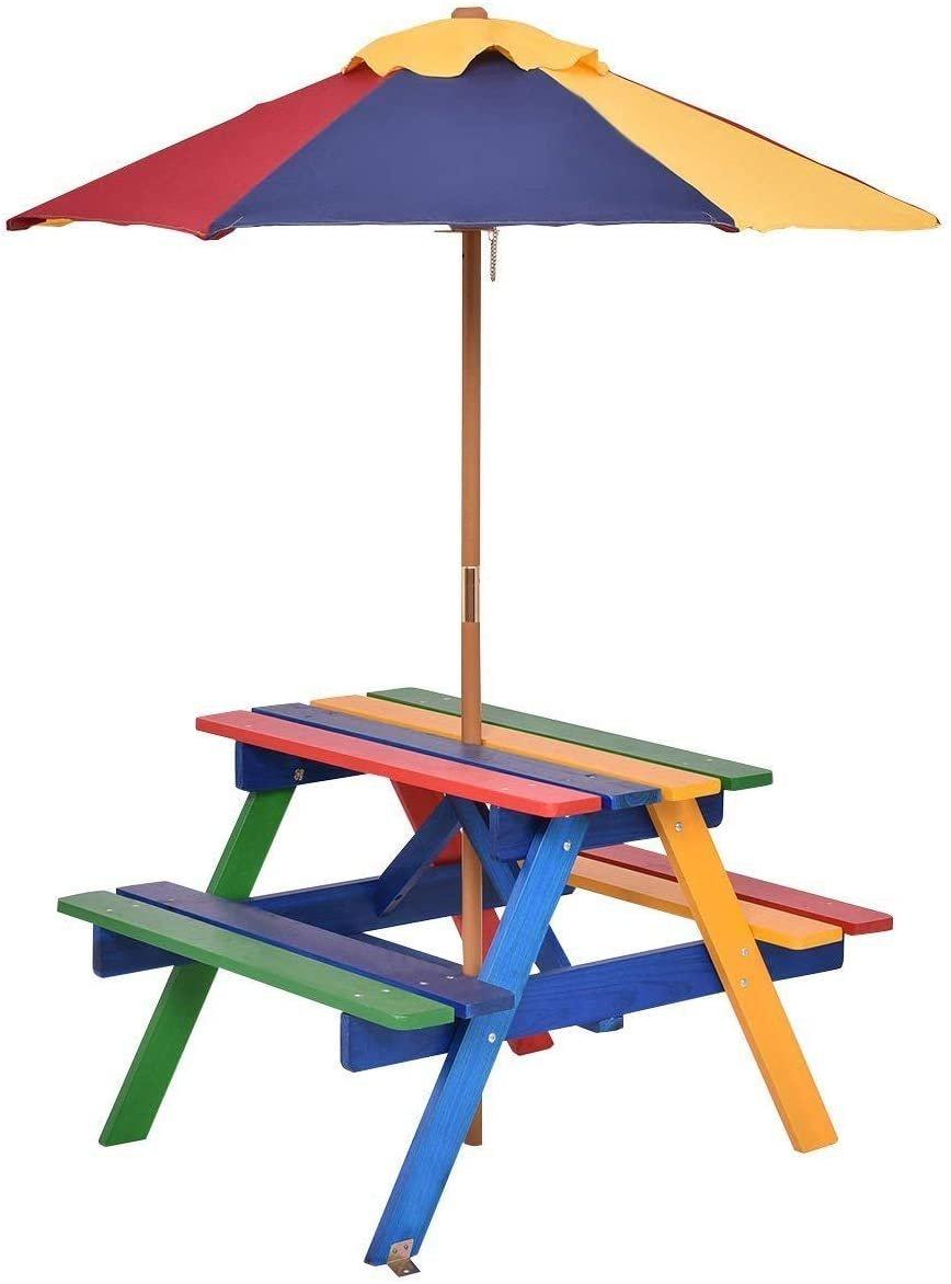 Garden Children Picnic Table Bench w/ Umbrella Outdoor Kids Wooden Rainbow Parasol Set