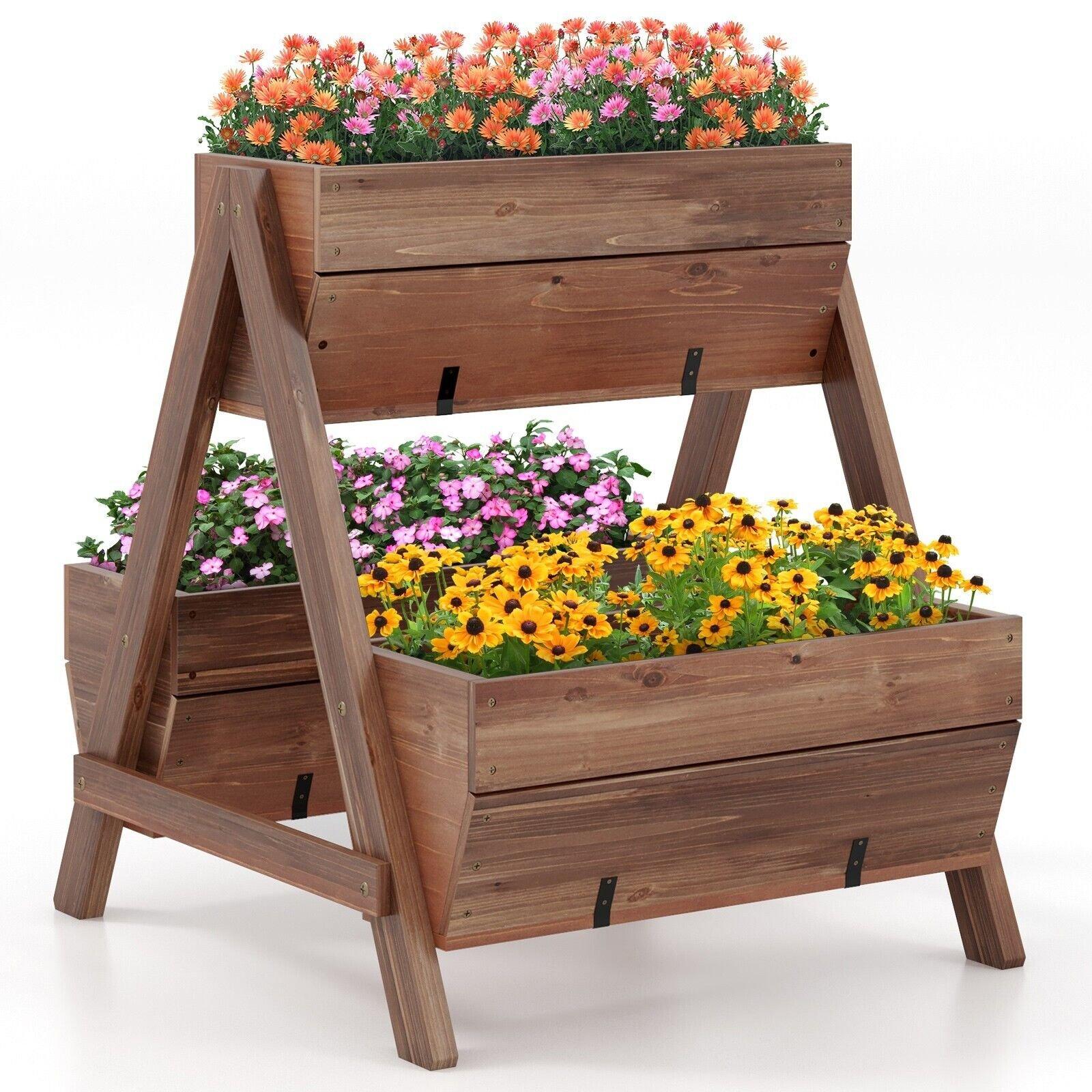 Vertical Raised Garden bed Tiered Elevated Planter Stand w/ 3 Wood Planter Boxes
