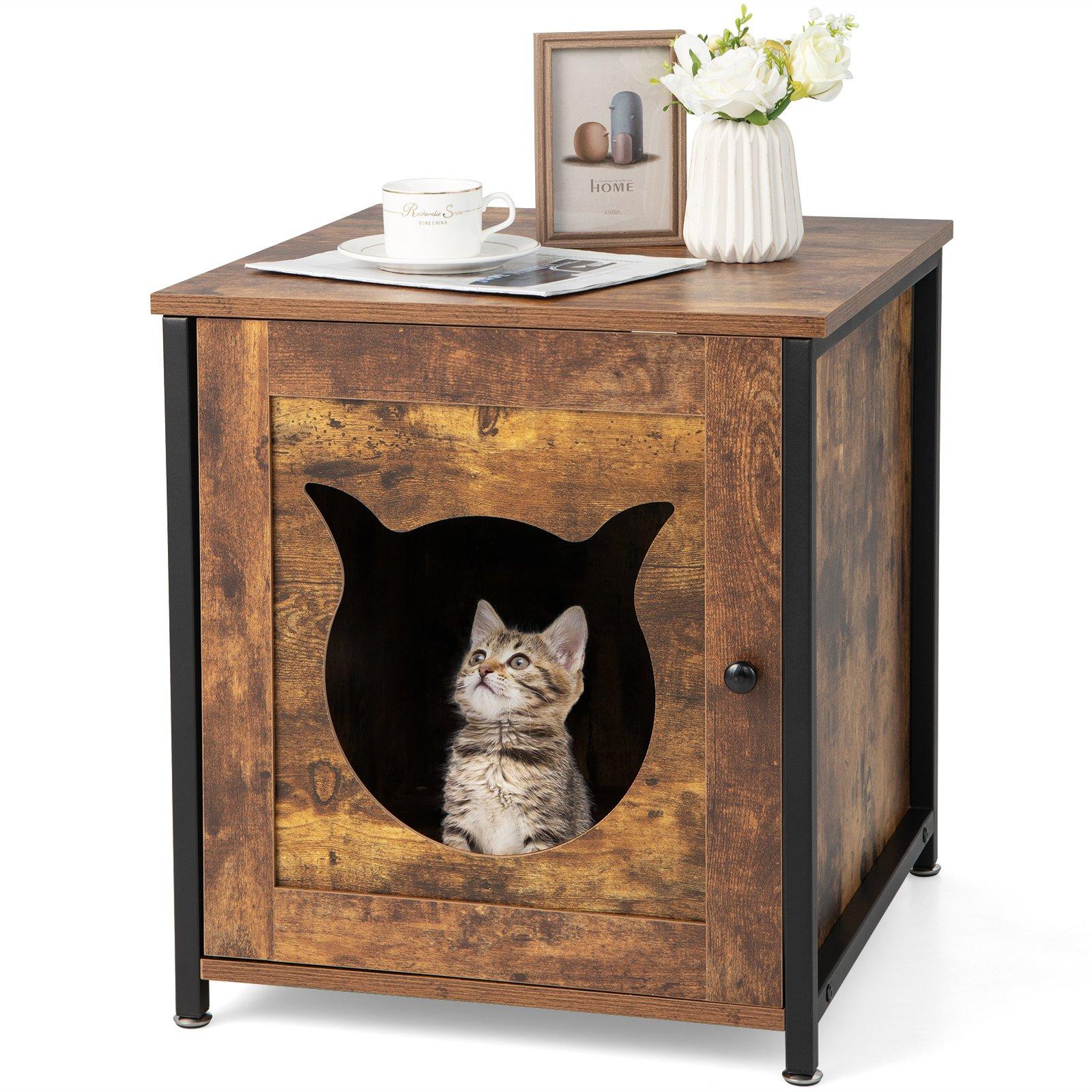 Vintage Cat Litter Box Enclosure Furniture Wooden Kitty Washroom Hidden Cabinet
