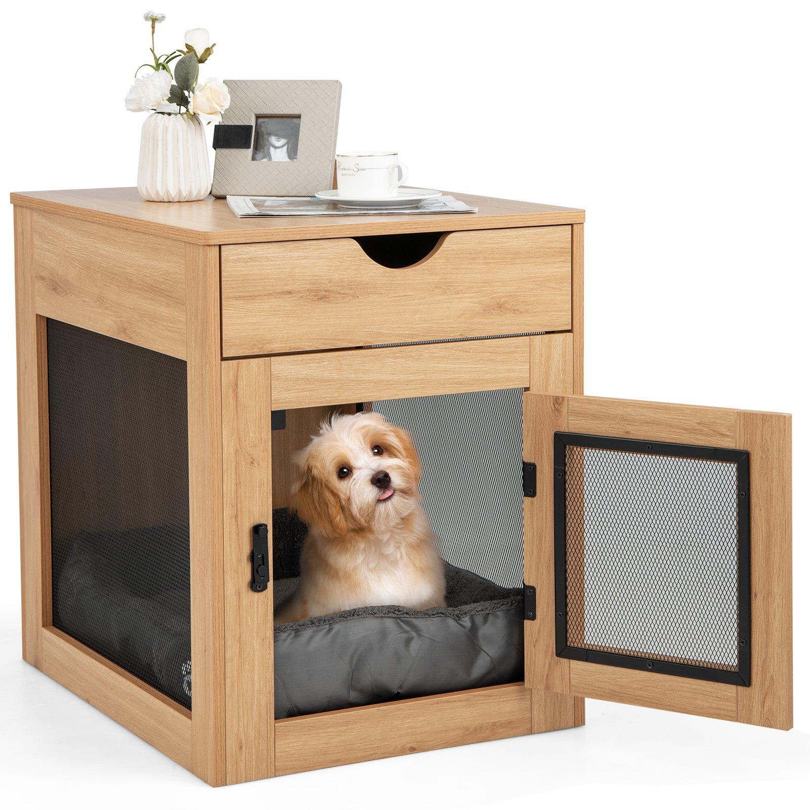 Dog Crate Decorative Dog Kennel Bedside End Table w/ Drawer & Lockable Door