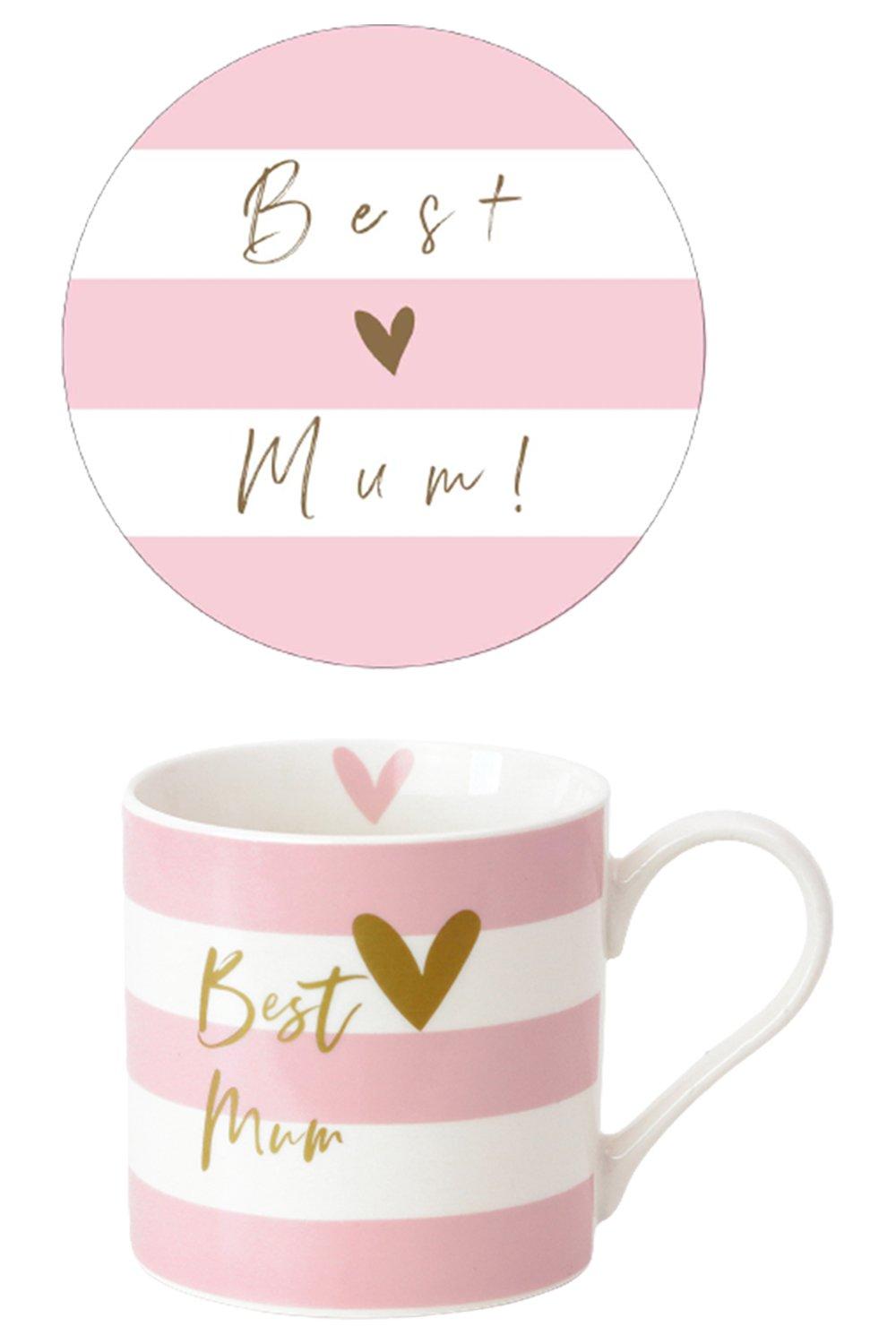 White & Pink Stripe Best Mum Design Mug And Coaster Set