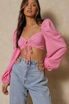 MissPap Ribbed Puff Shoulder Ruched Crop Top thumbnail 1