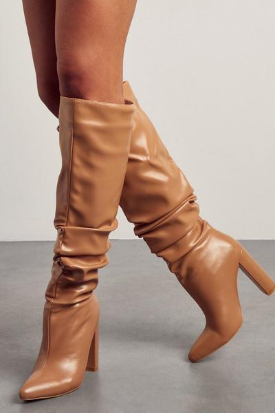 Leather Look Pointed Block Heel Boots