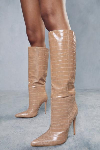 Leather Look Croc Print Pointed Heeled Boot