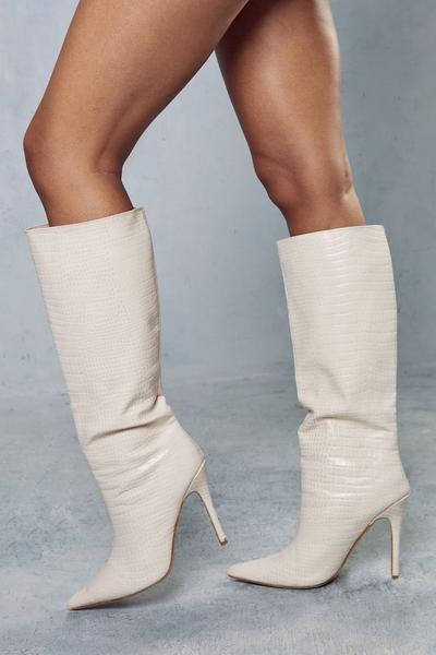 Leather Look Croc Print Pointed Heeled Boot