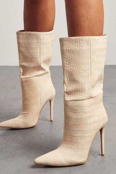 Croc Print Pointed Heeled Ankle Boot