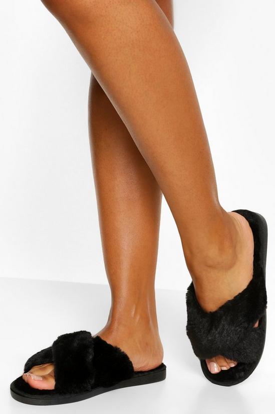 boohoo Fluffy Cross Front Slippers 1