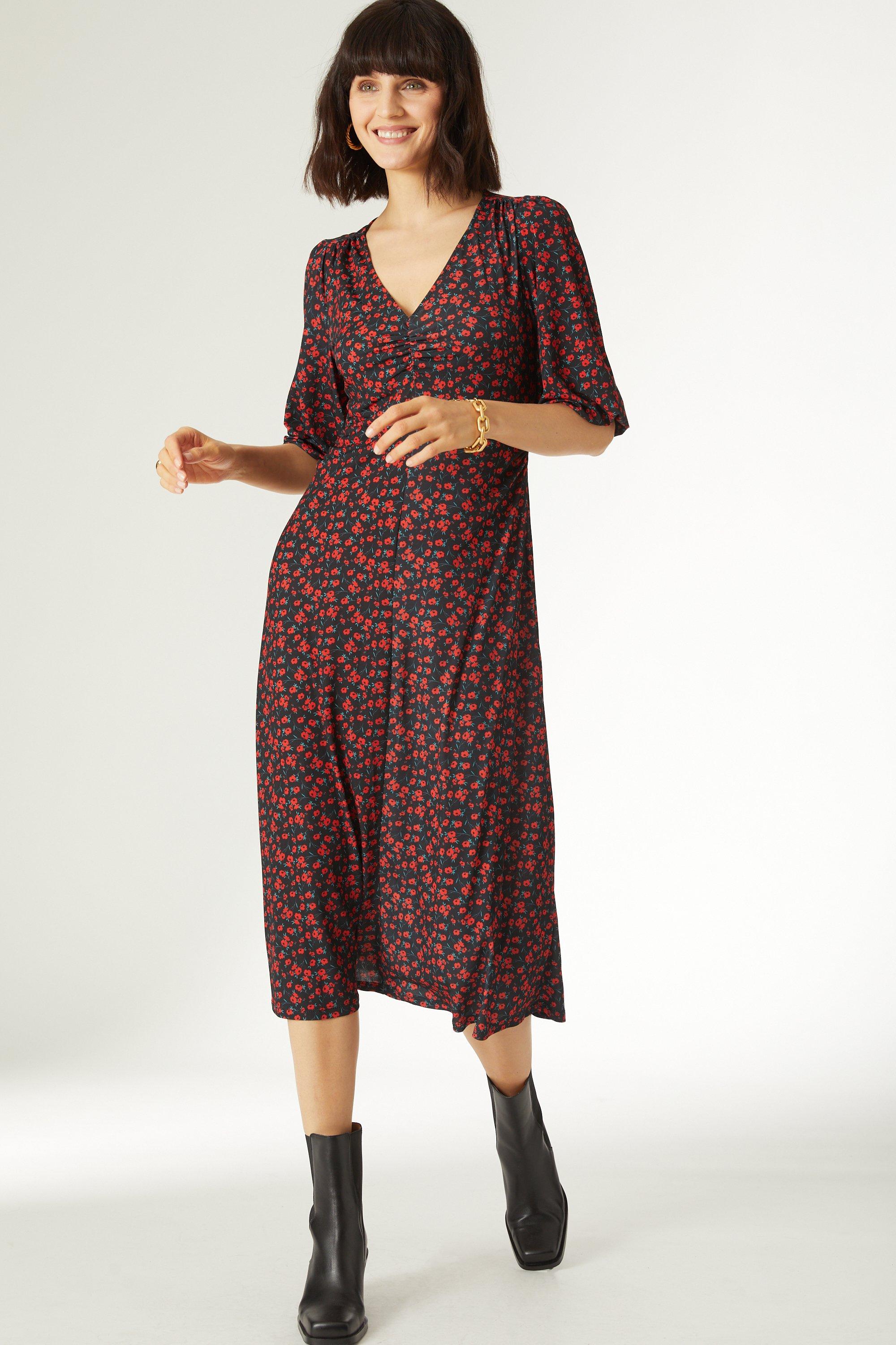 Printed Ruched Front Slinky Jersey Midi Dress