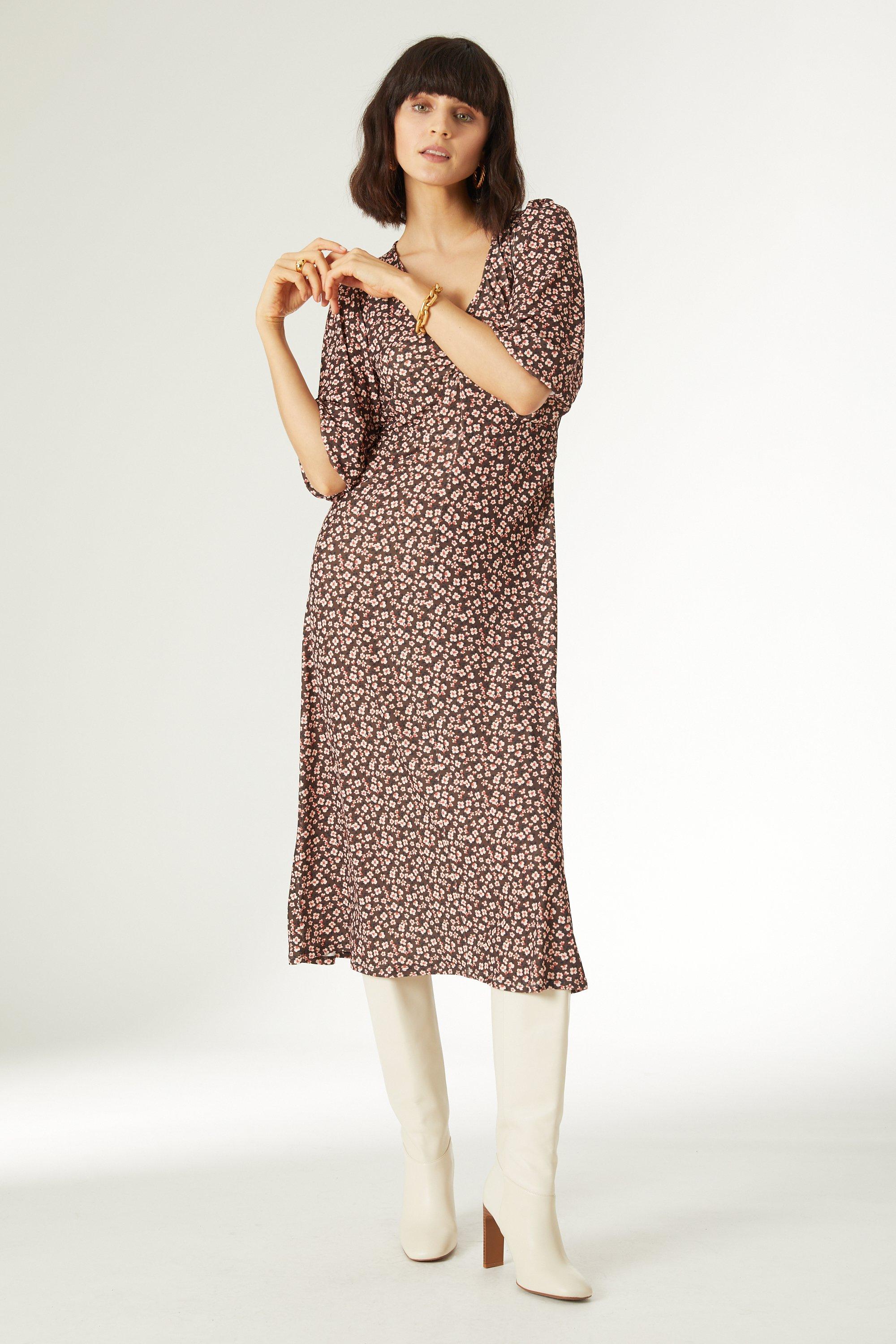 Printed Ruched Front Slinky Jersey Midi Dress