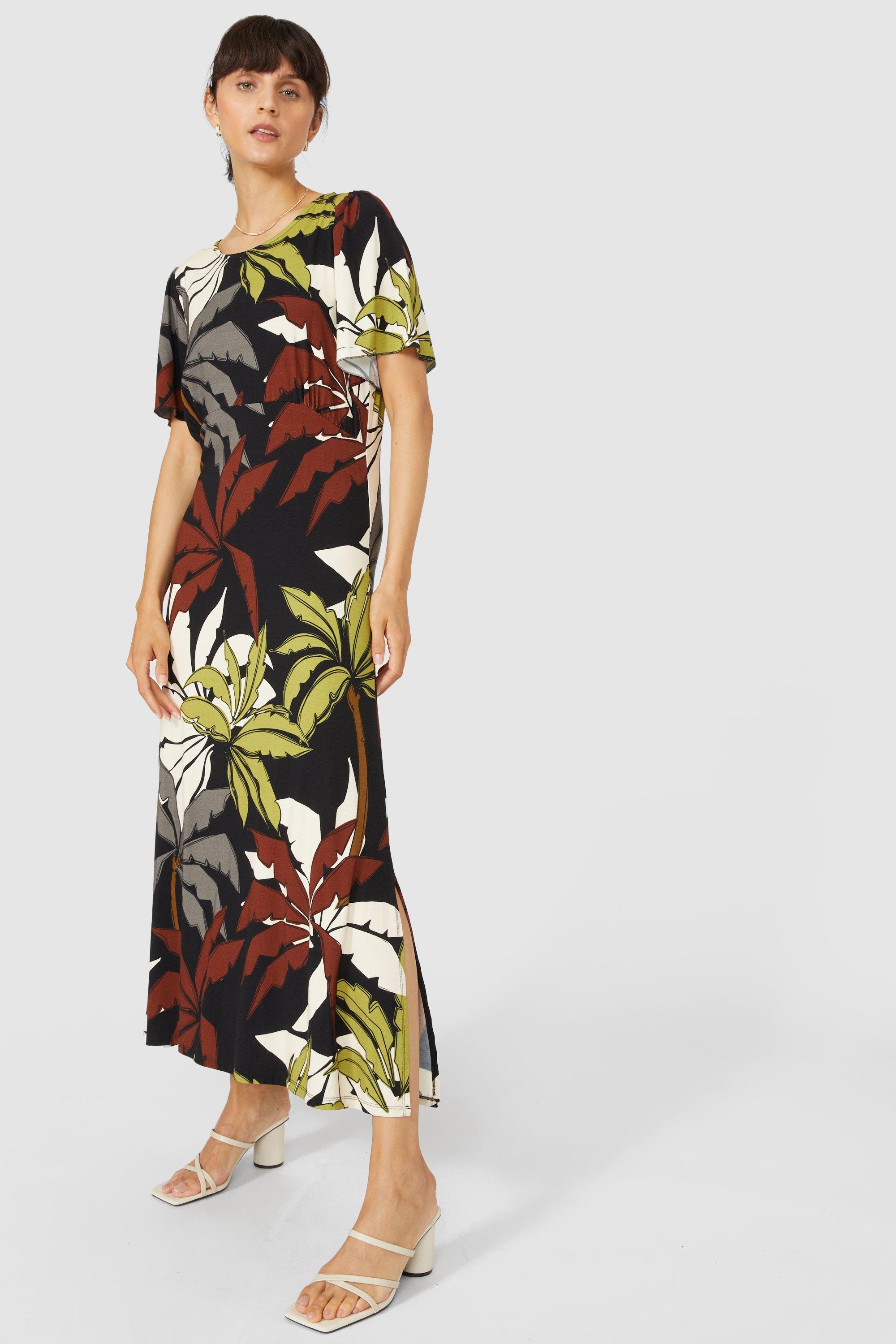 Recycled Printed Seam Detail Flutter Sleeve Midi Dress