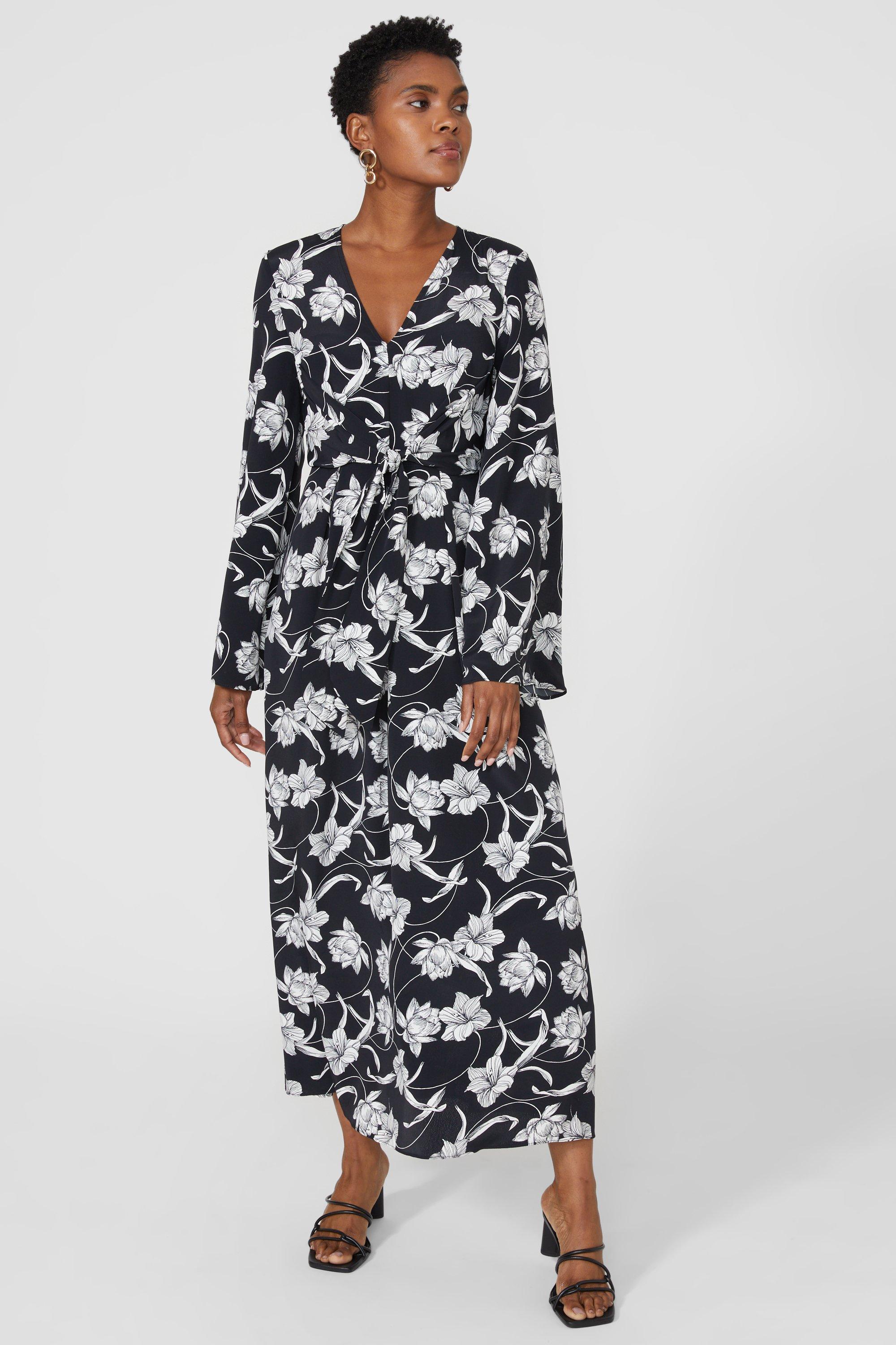 Printed Kimono Sleeve Tie Front Midi Dress