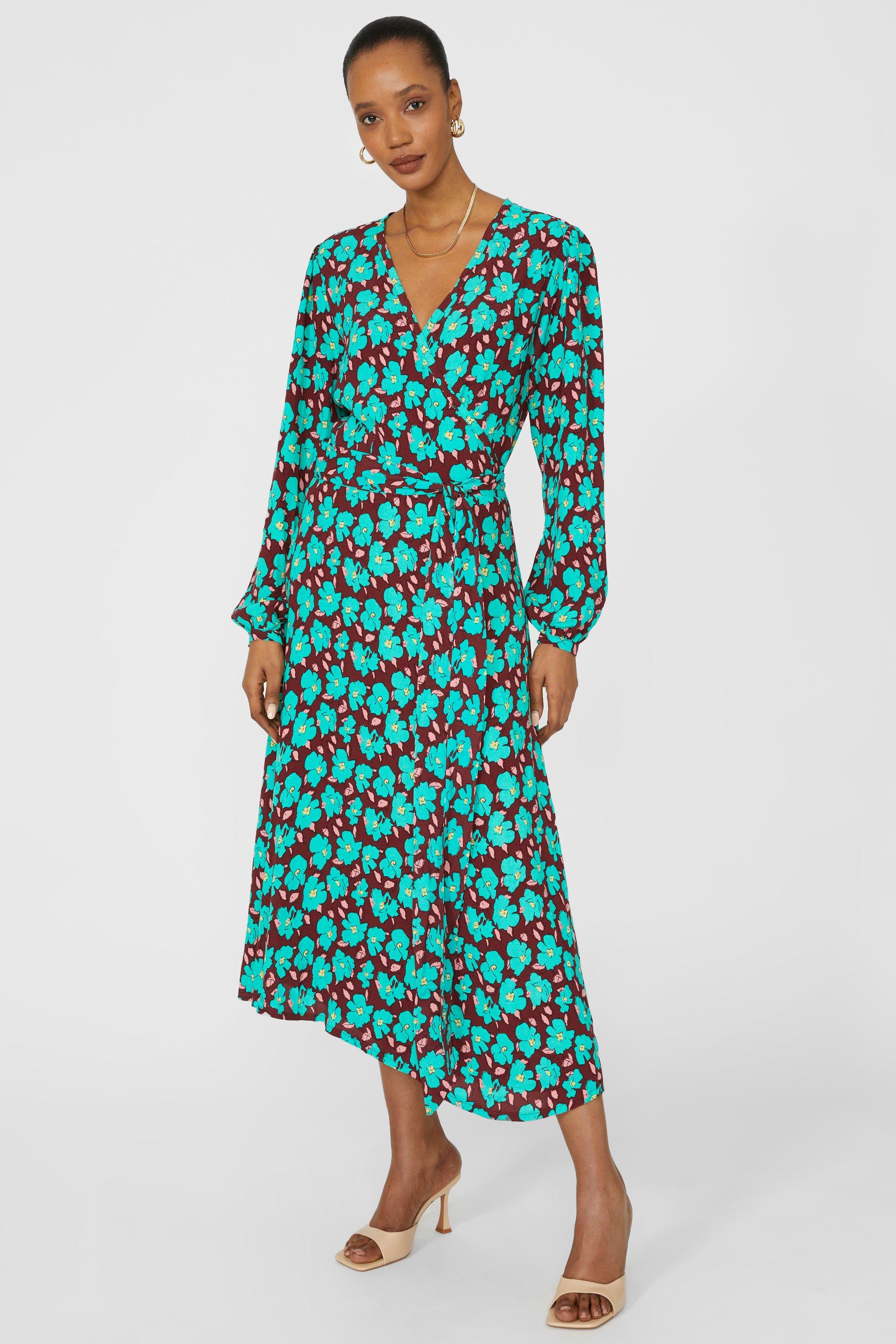 Bold Floral Printed Wrap Fit & Flare Midi Dress