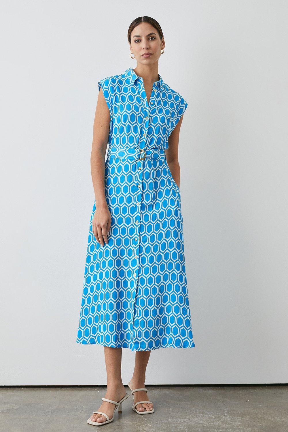 Blue Geo Print Sleeveless Belted Shirt Midi Dress
