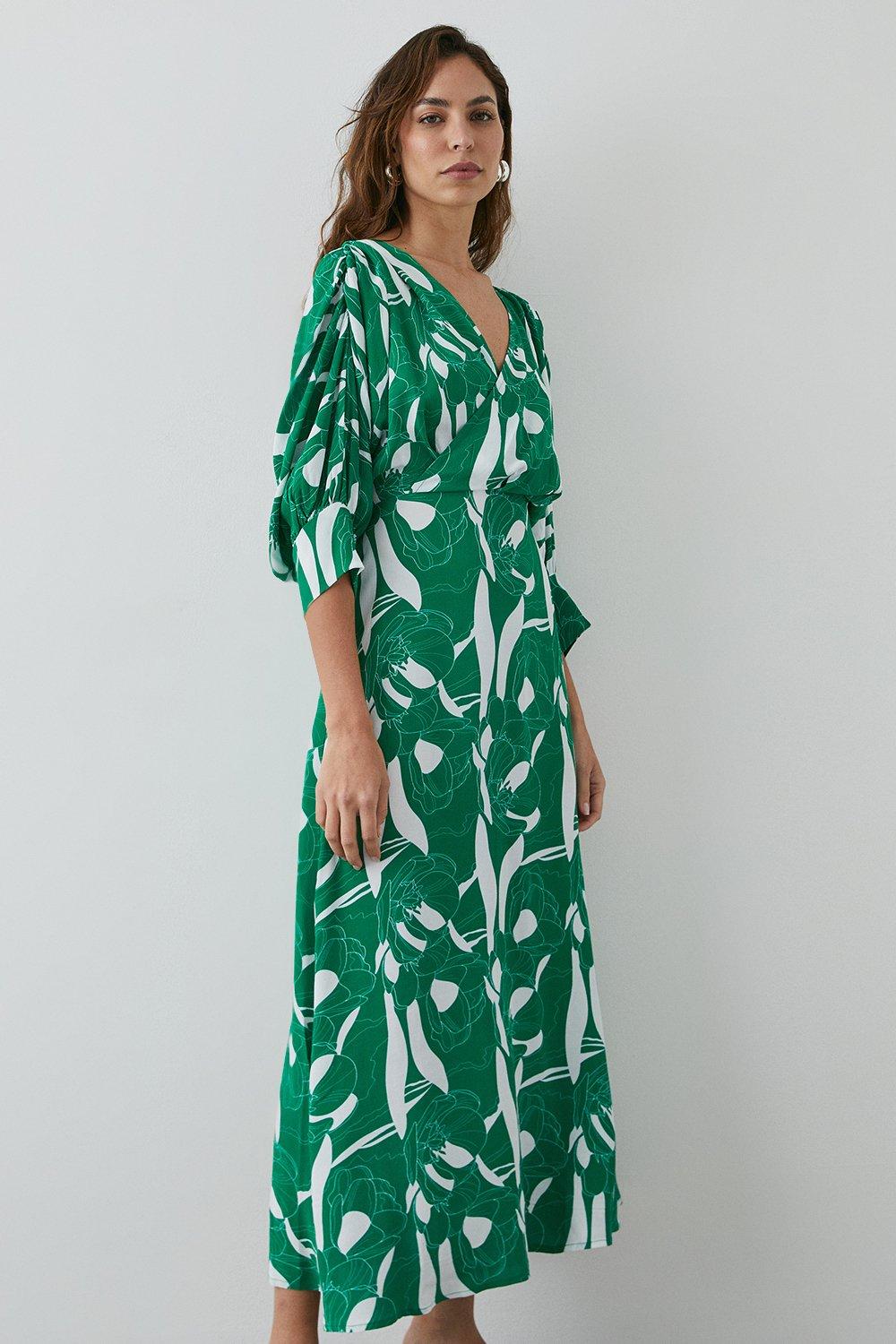 Green Floral Print Batwing Wrap Midi Dress
