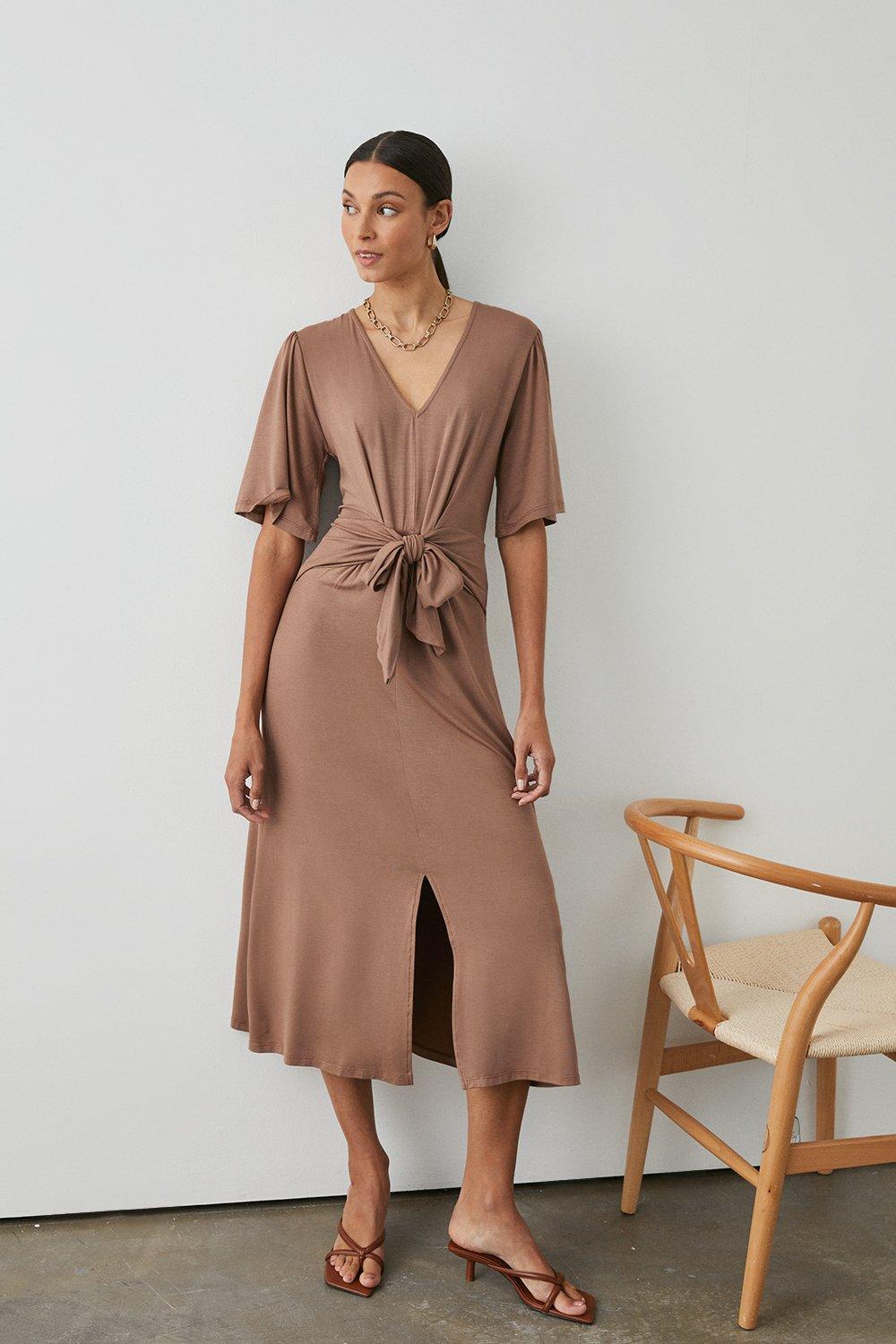 Brown Tie Waist Jersey Dress