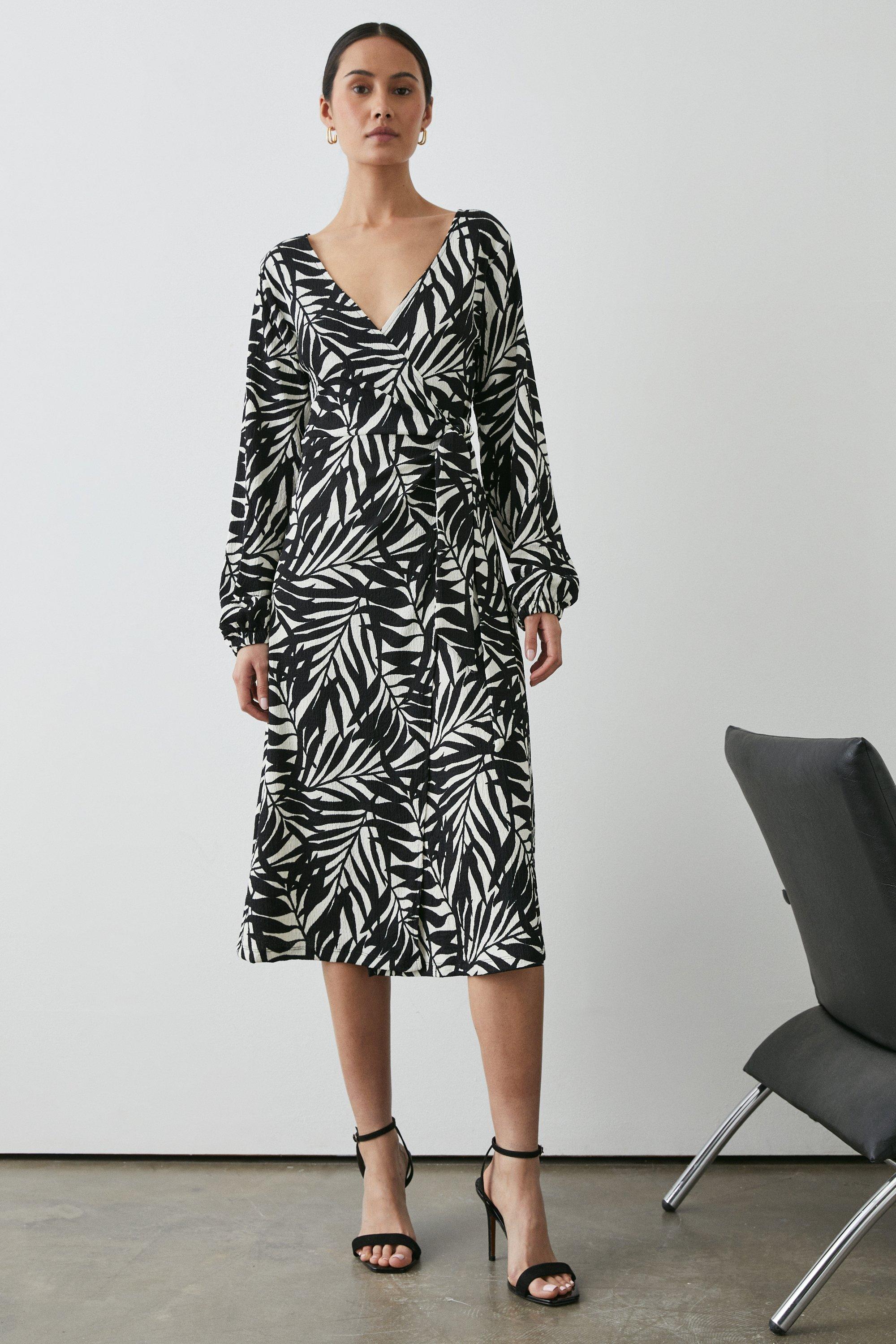 Mono Palm Print Wrap Midi Dress