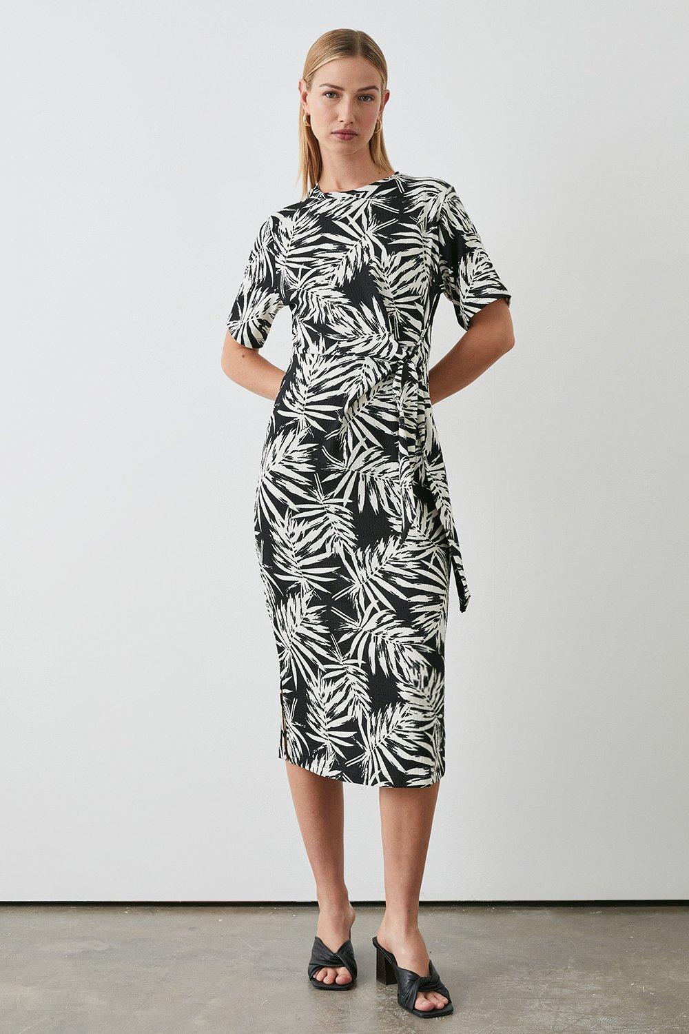 Mono Palm Print Jersey Tie Front Midi Dress