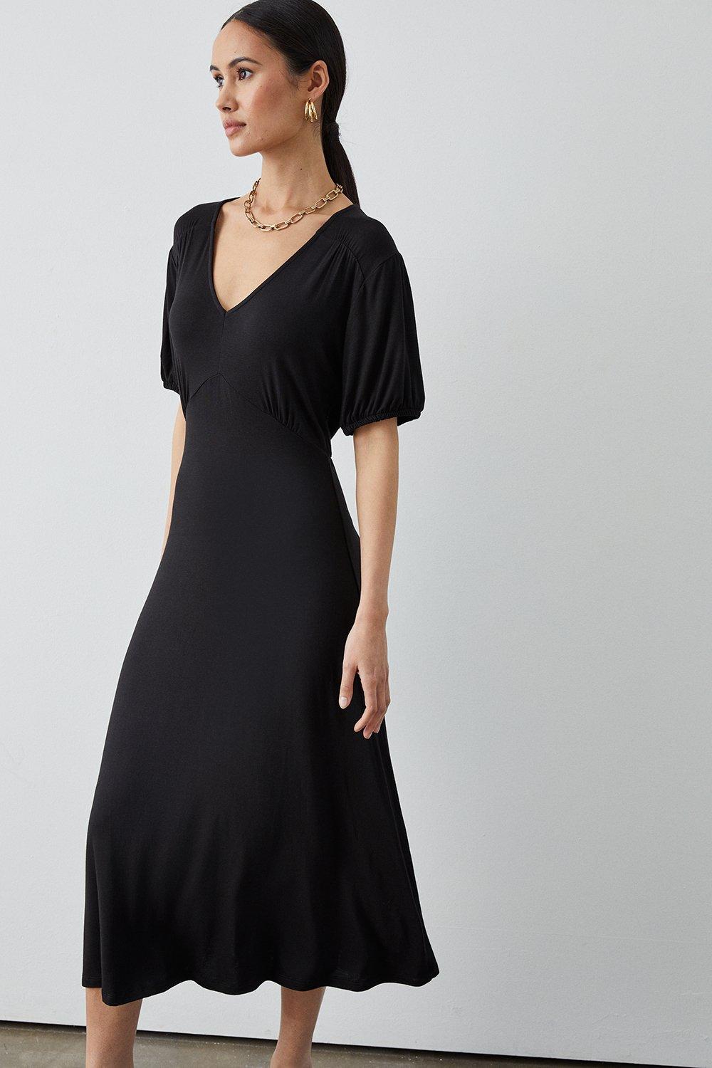 Black Jersey V Neck Midi Dress
