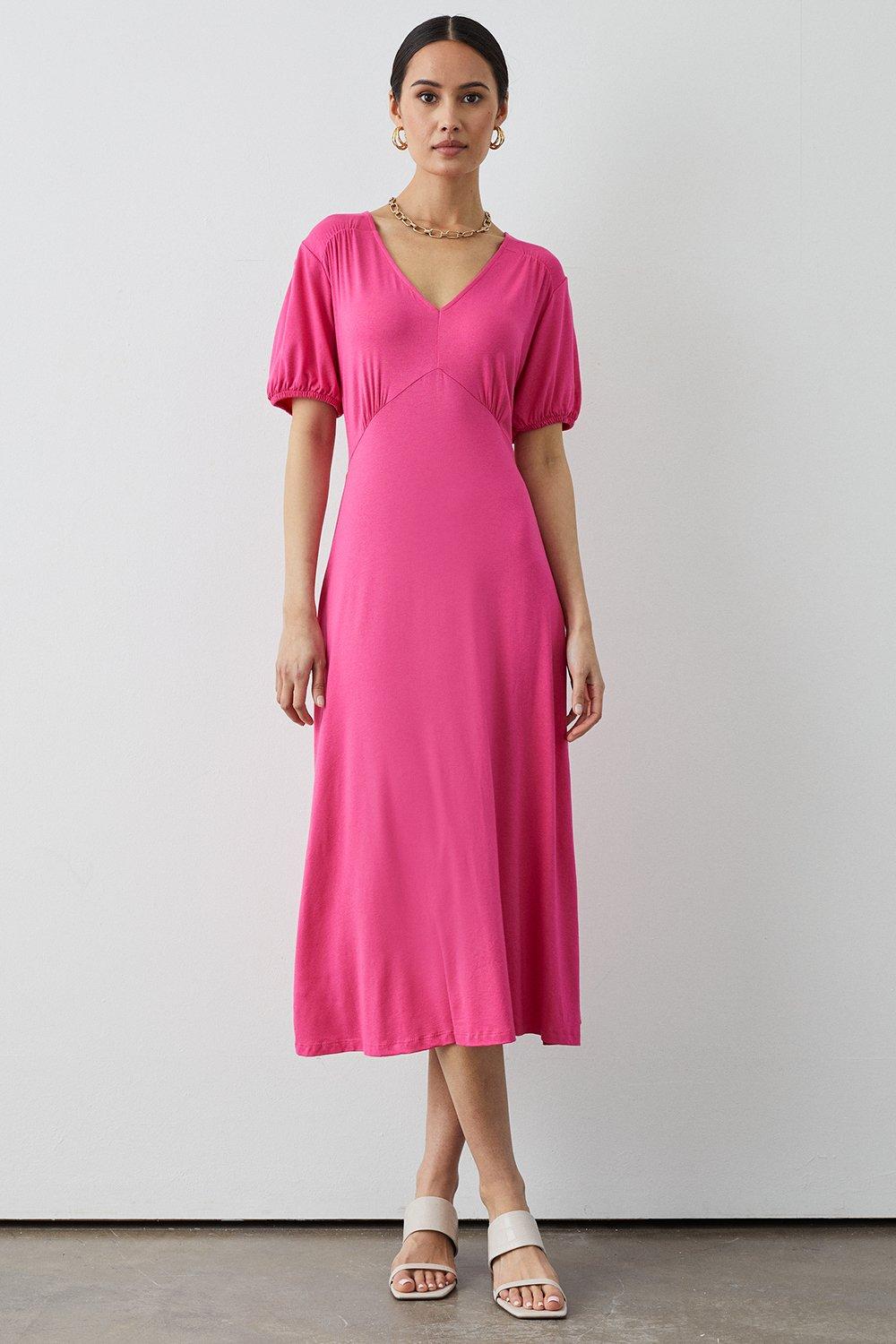 Pink Jersey V Neck Midi Dress