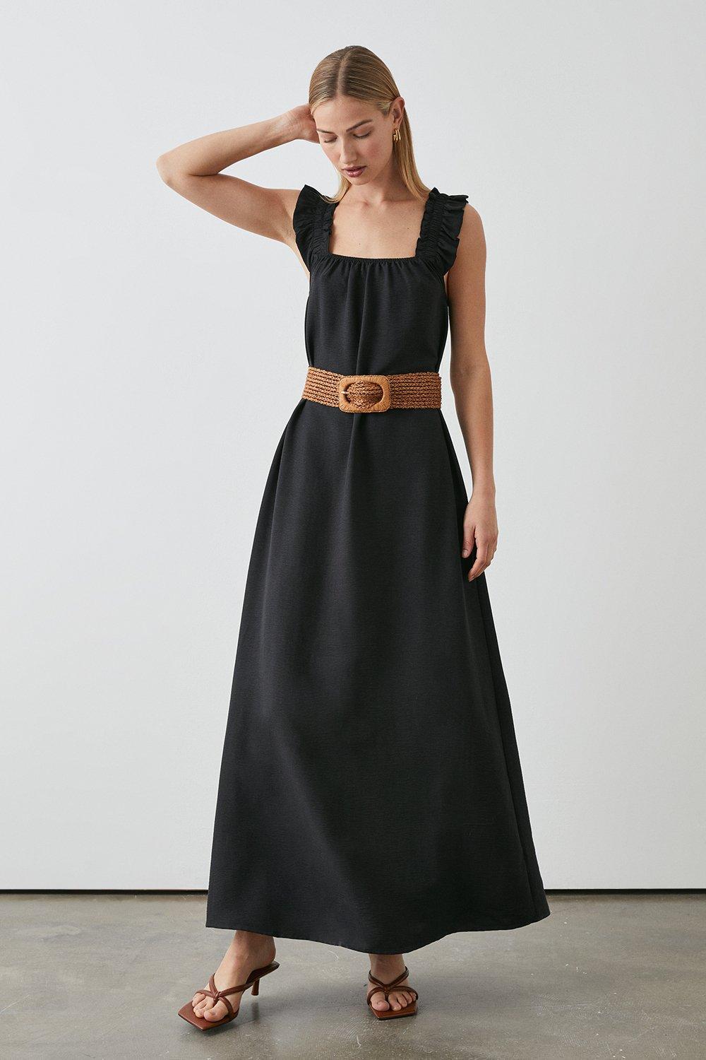 Black Frill Straps Maxi Dress