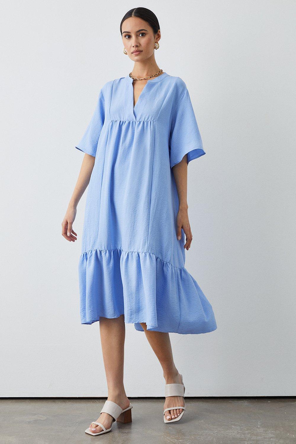 Blue Tiered Smock Midi Dress