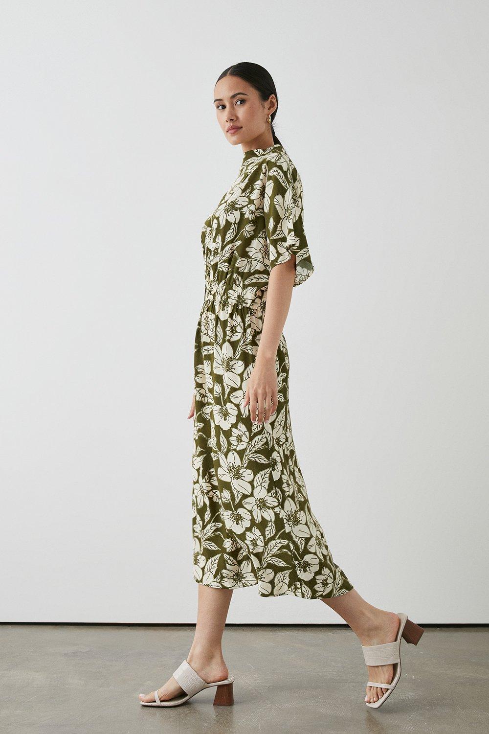Khaki Floral Midi Dress