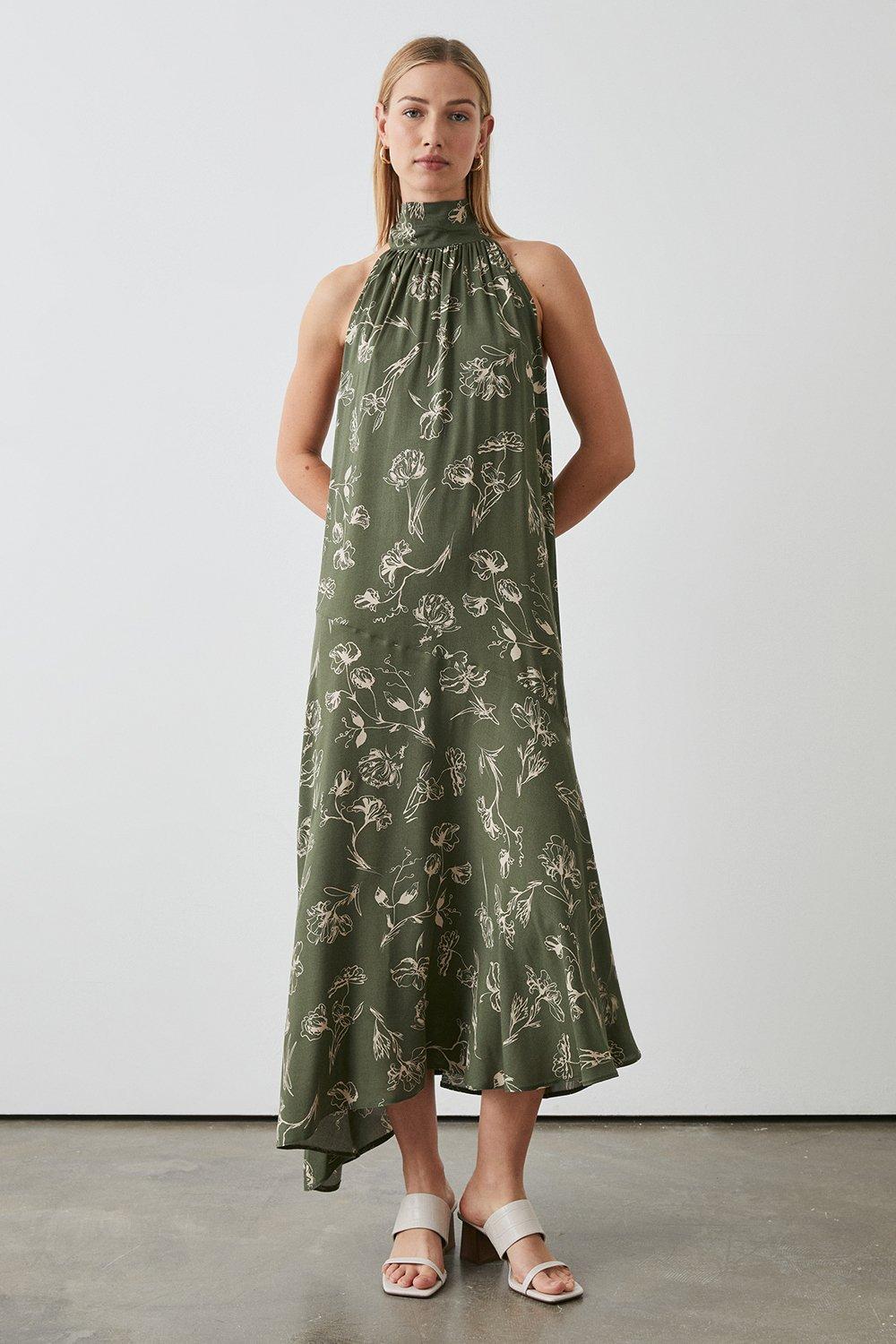 Khaki Floral Print Halter Neck Midi Dress