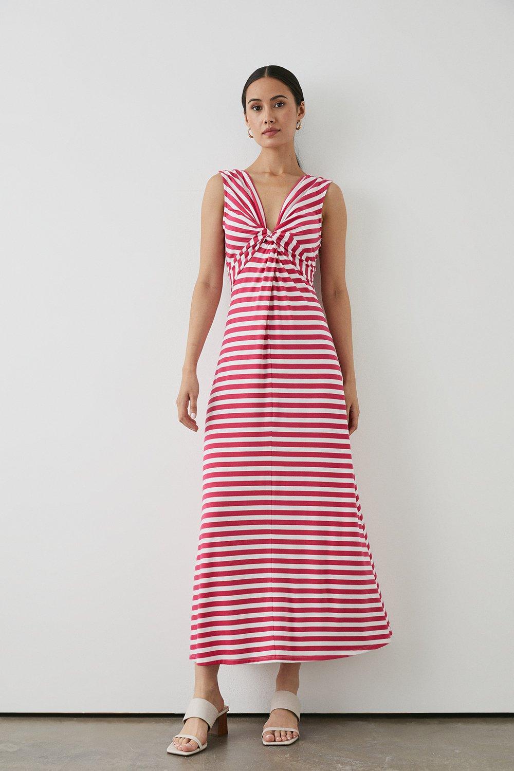 Pink Stripe Twist Front Maxi Dress