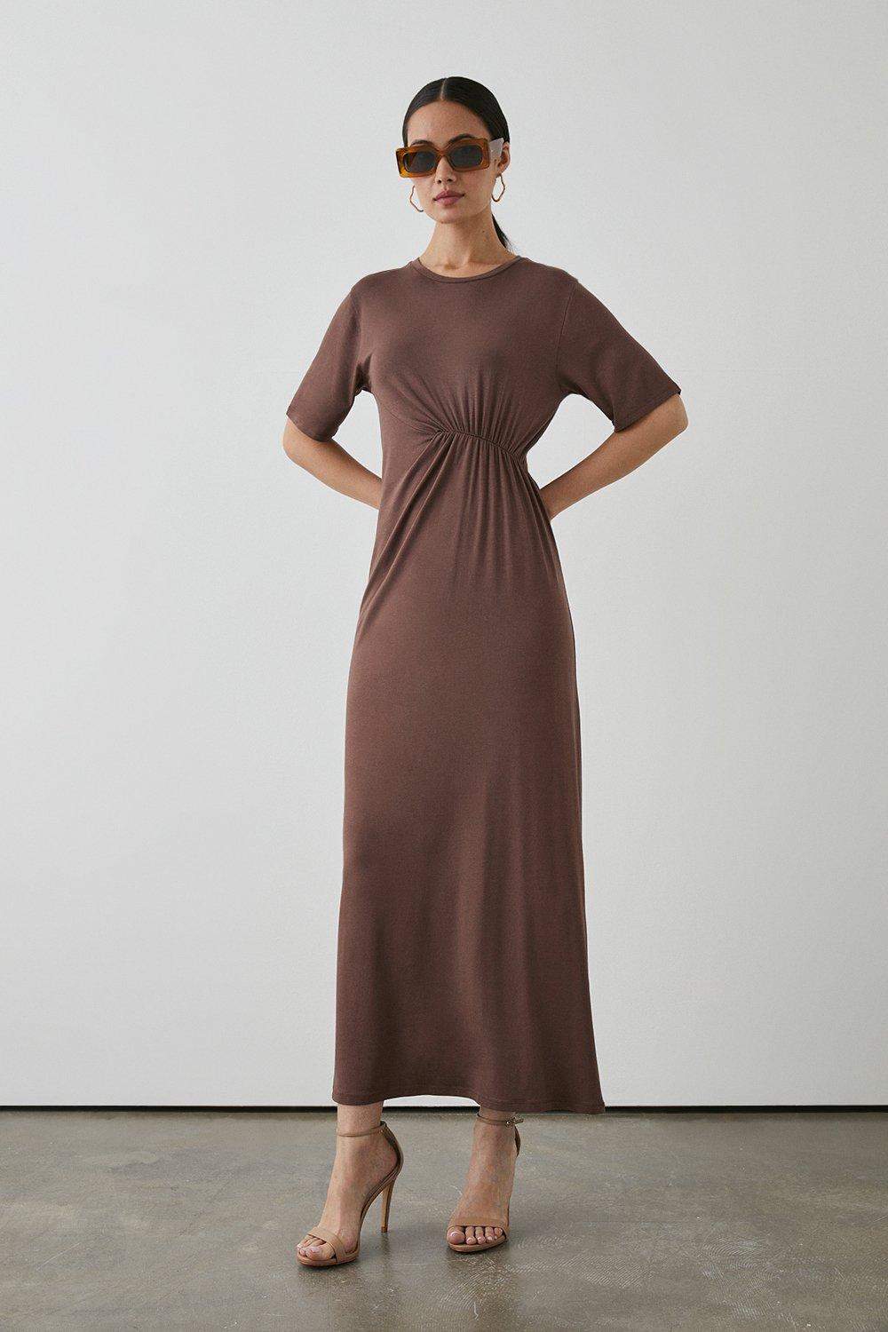 Brown Ruched Waist Detail Jersey Maxi Dress
