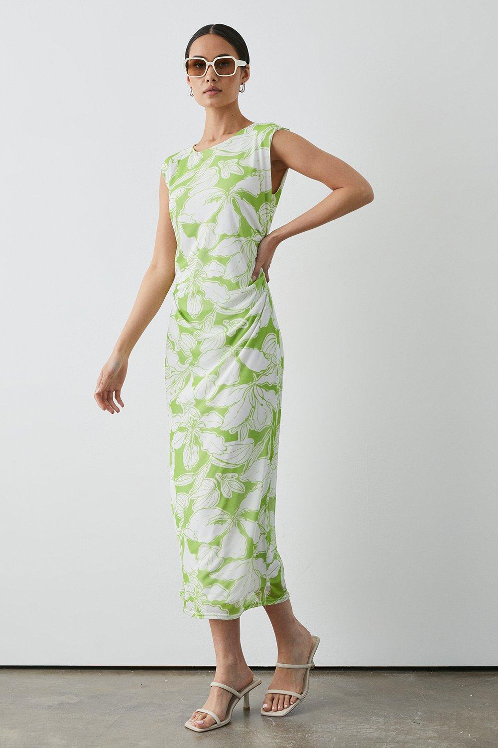 Lime Floral Ruched Sides Midi Dress