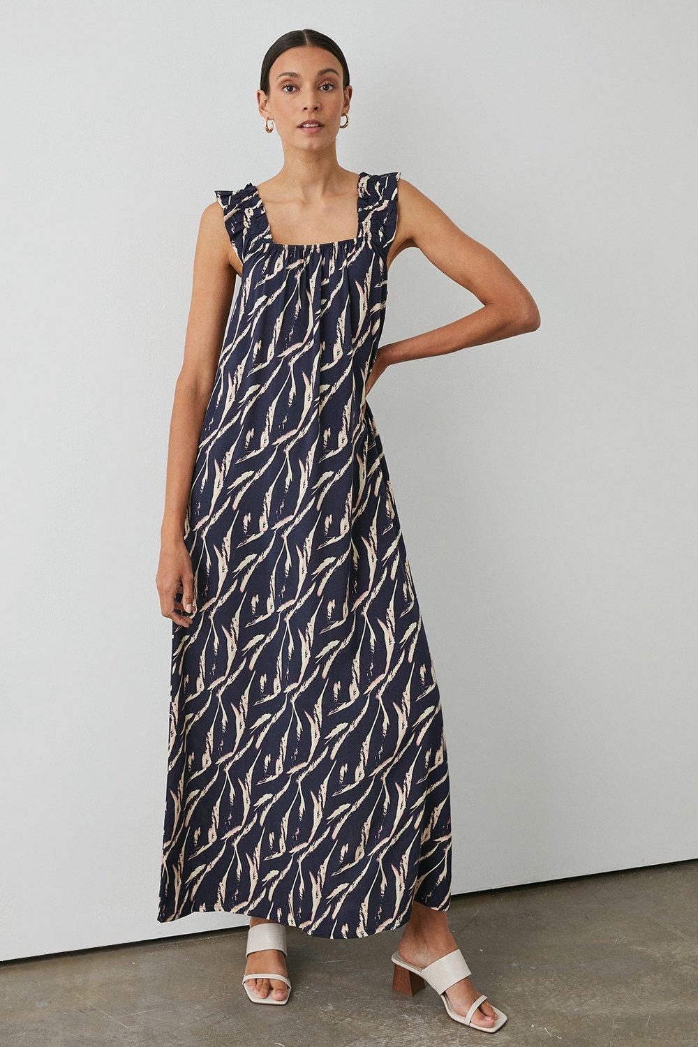 Dresses | Navy Feather Print Frill Straps Maxi Dress | Principles