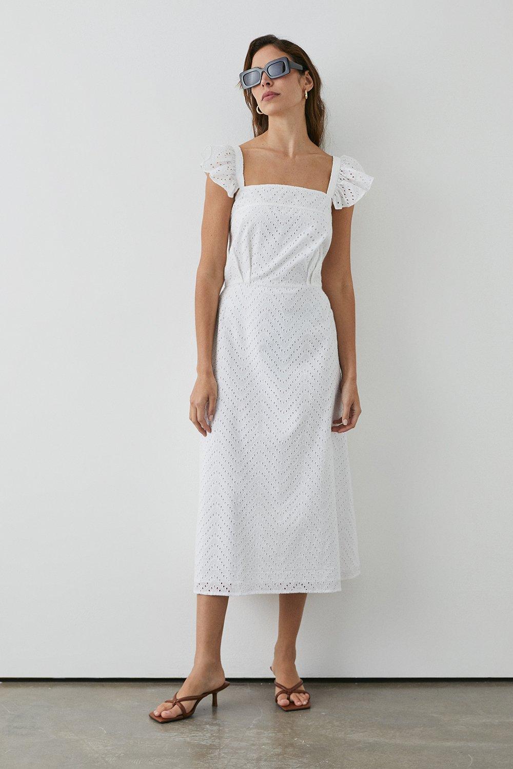 White Cotton Broiderie Midi Dress