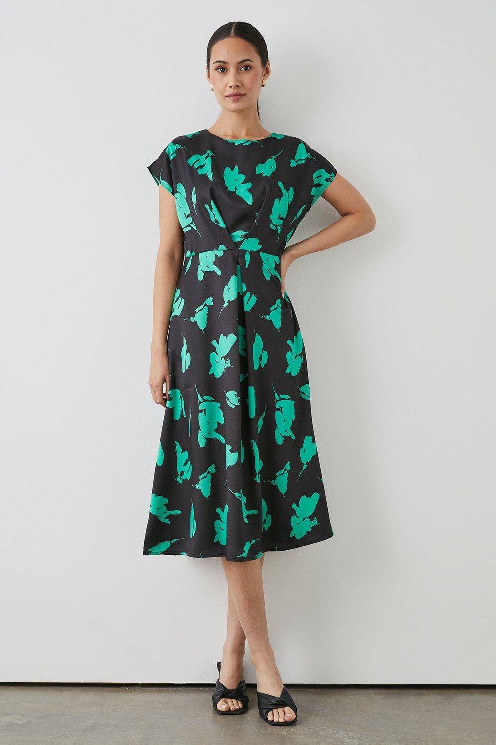 Green Floral Satin Midi Dress