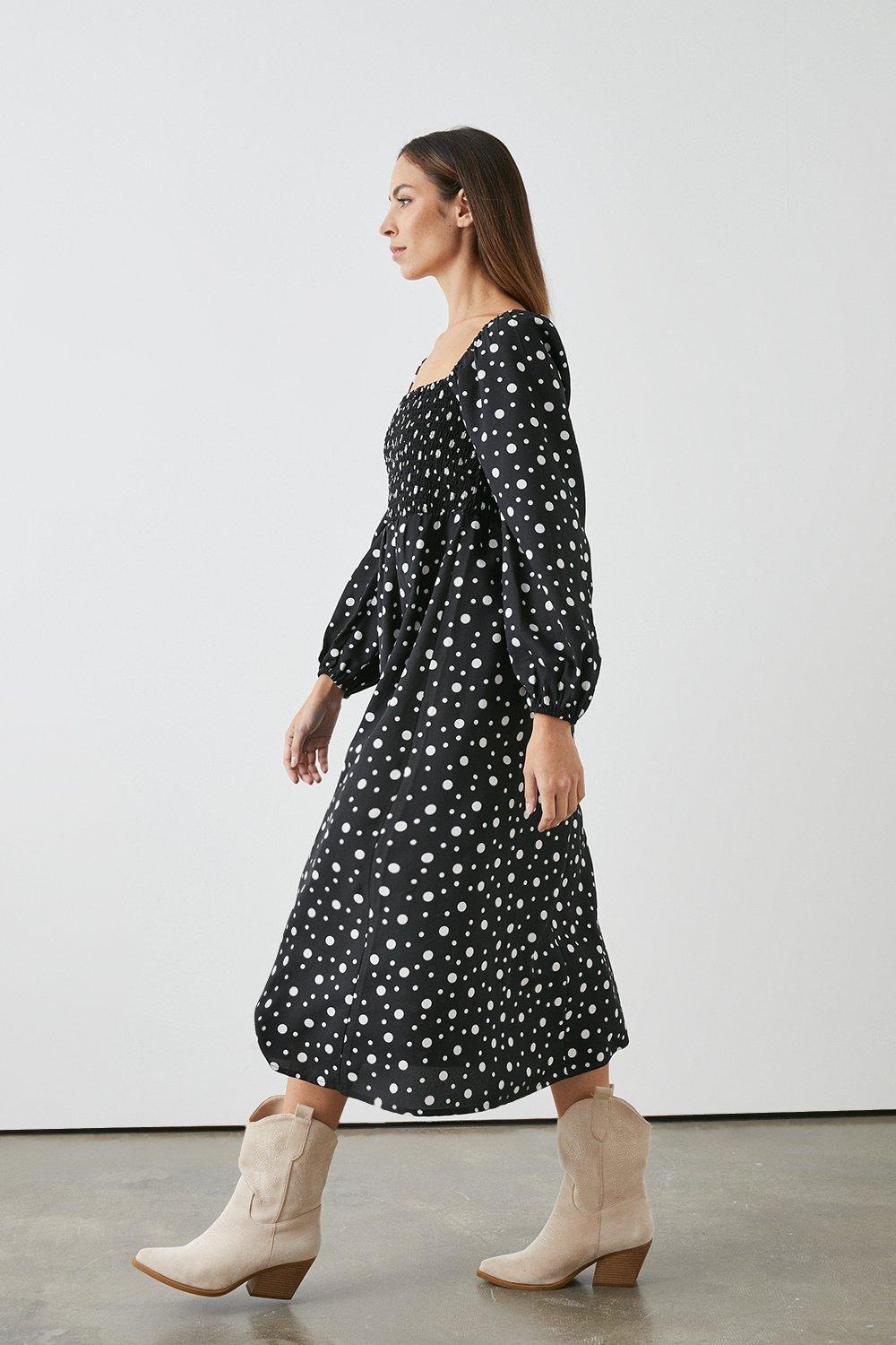 Black Spot Long Sleeved Shirred Bodice Midi Dress
